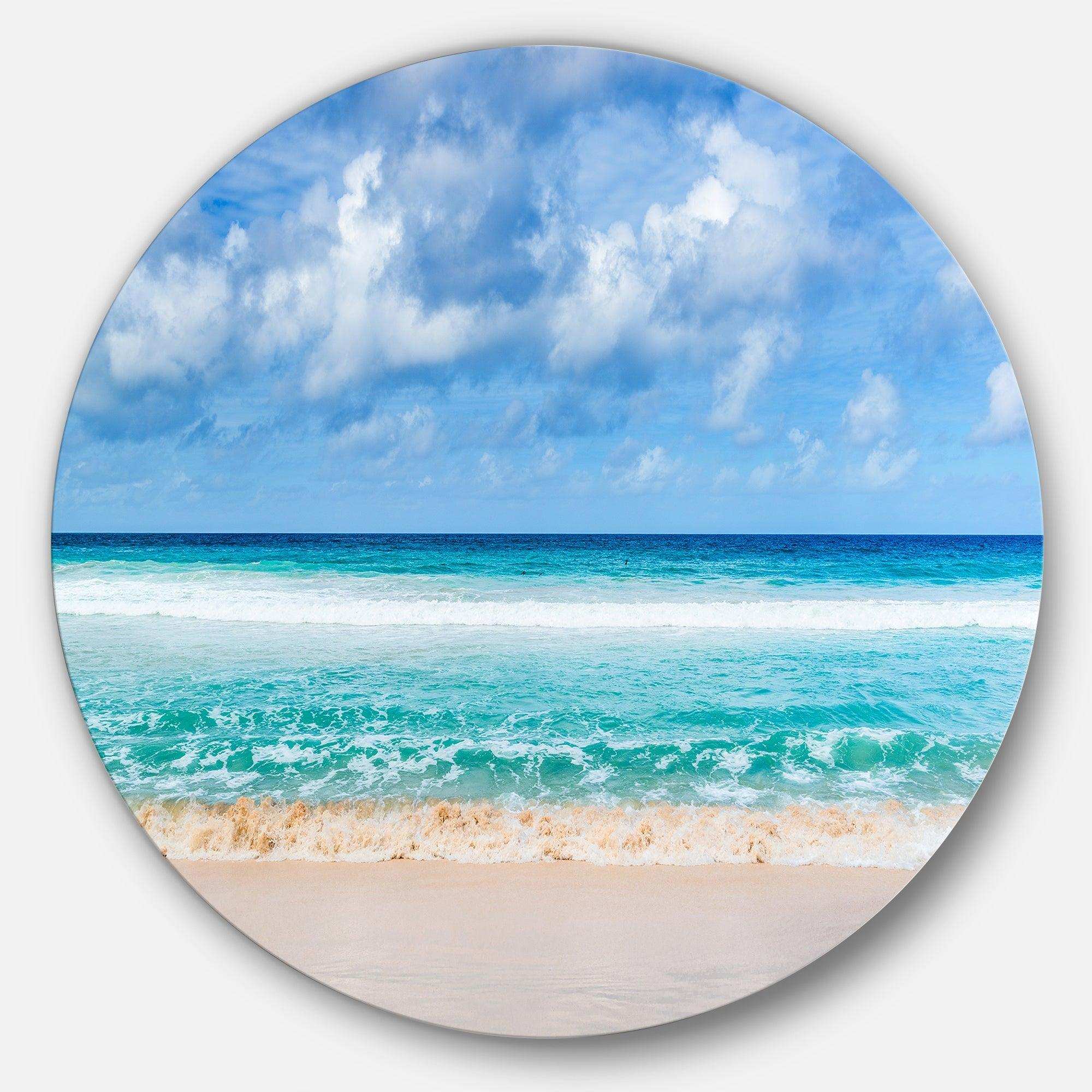 Tranquil Beach under White Clouds - Sea & Shore Circle Metal Wall Decor
