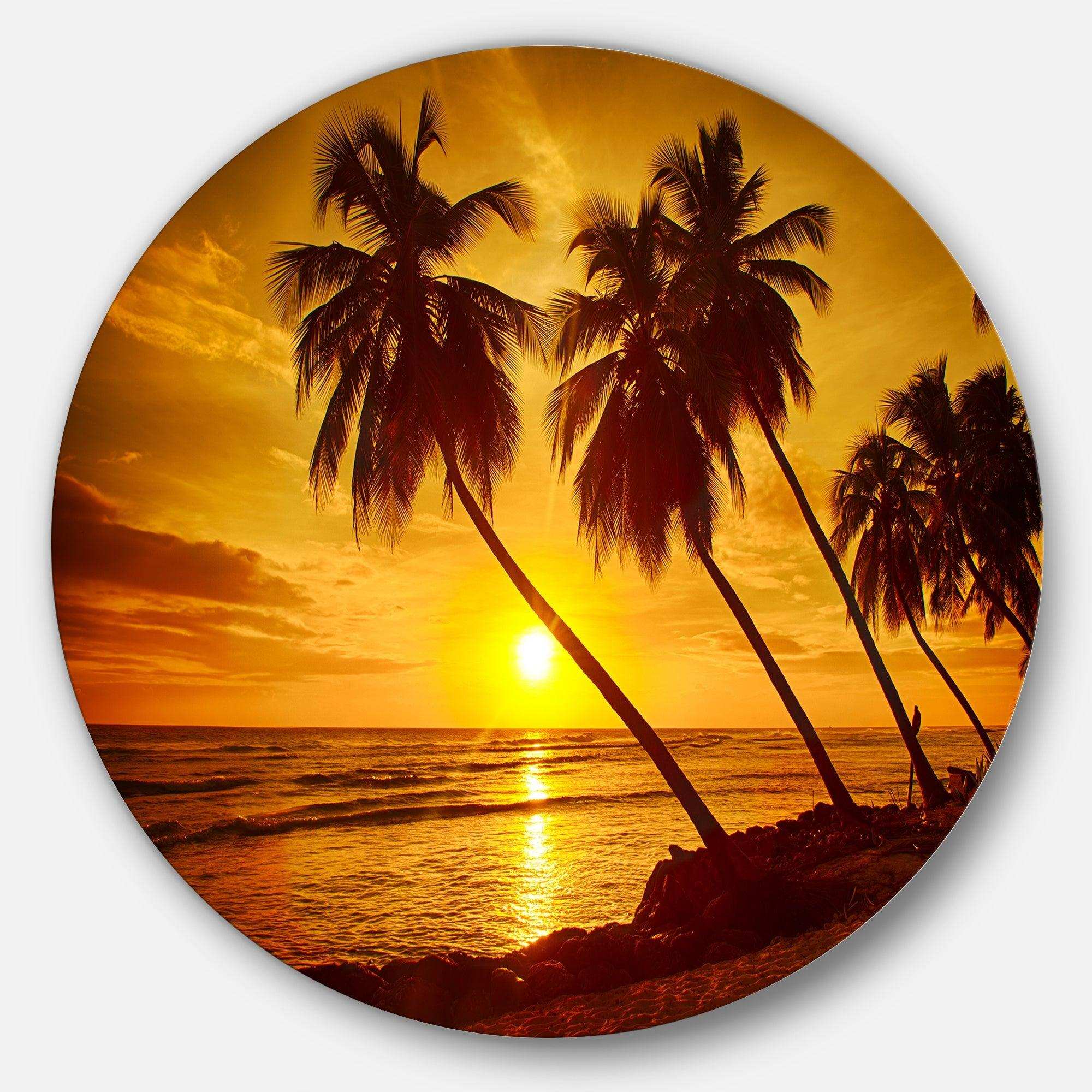 Beach Sunset in Island Barbados - Sea & Shore Round Metal Wall Art