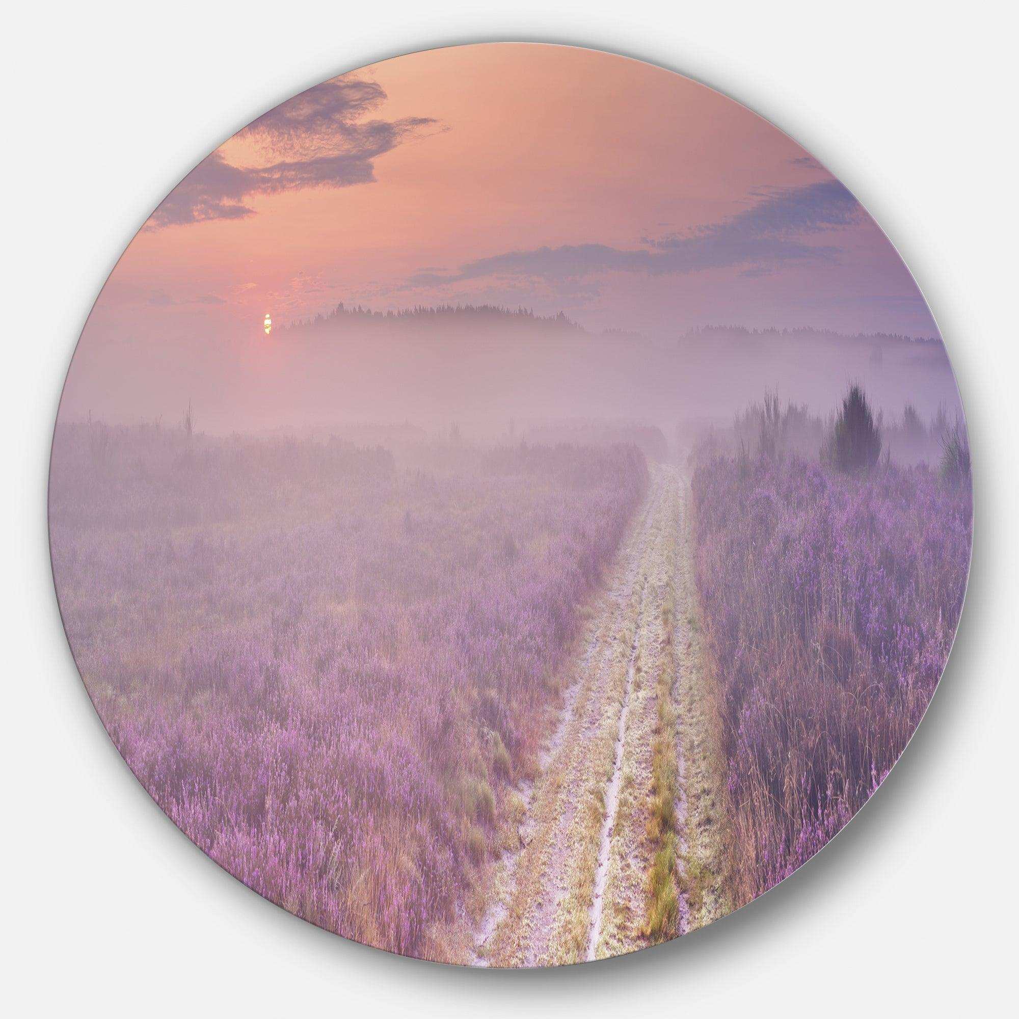 Path through Blooming Heather - Landscape Round Metal Wall Art