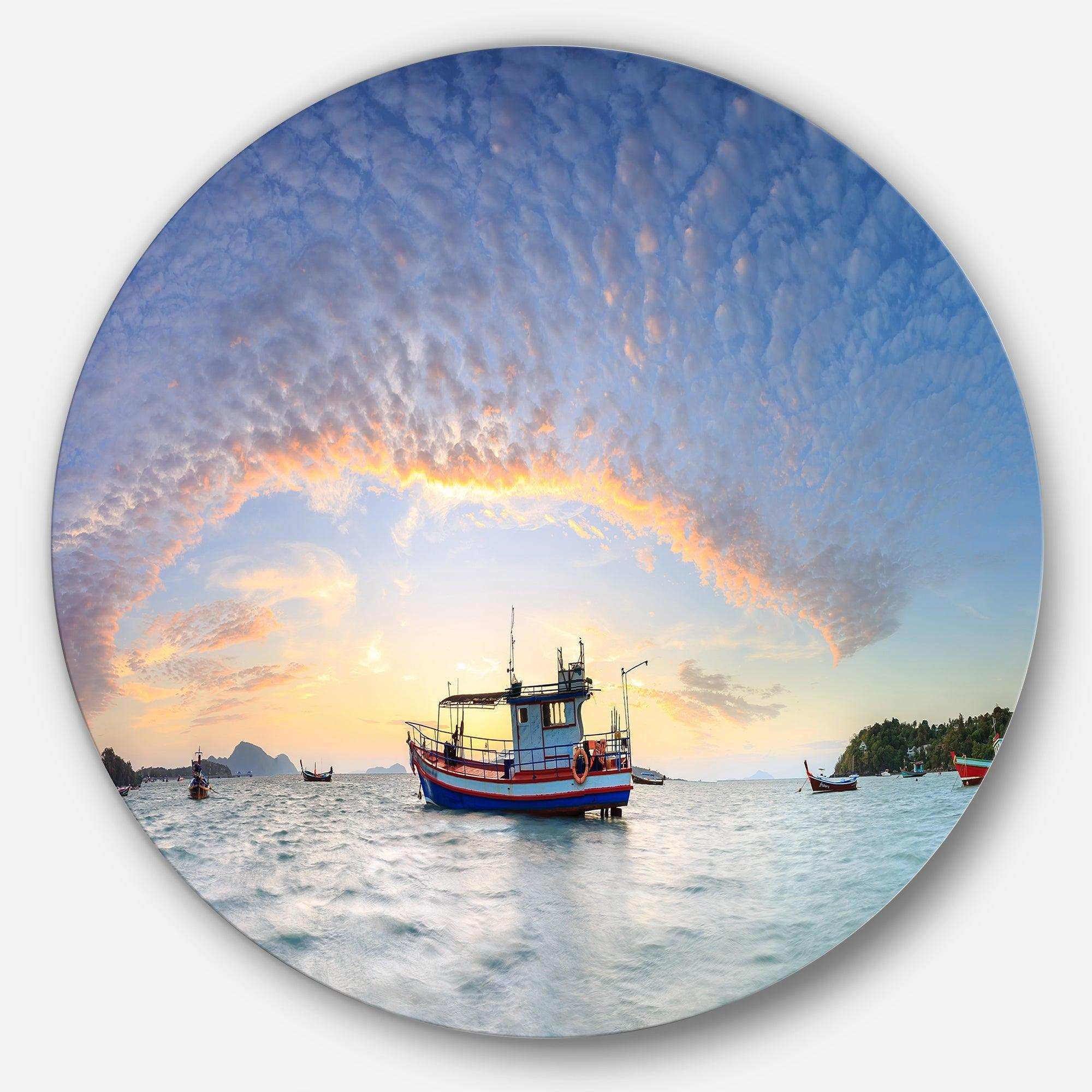 Fishing Boat at Phuket Sunrise Beach - Sea & Shore Metal Circle Wall Art