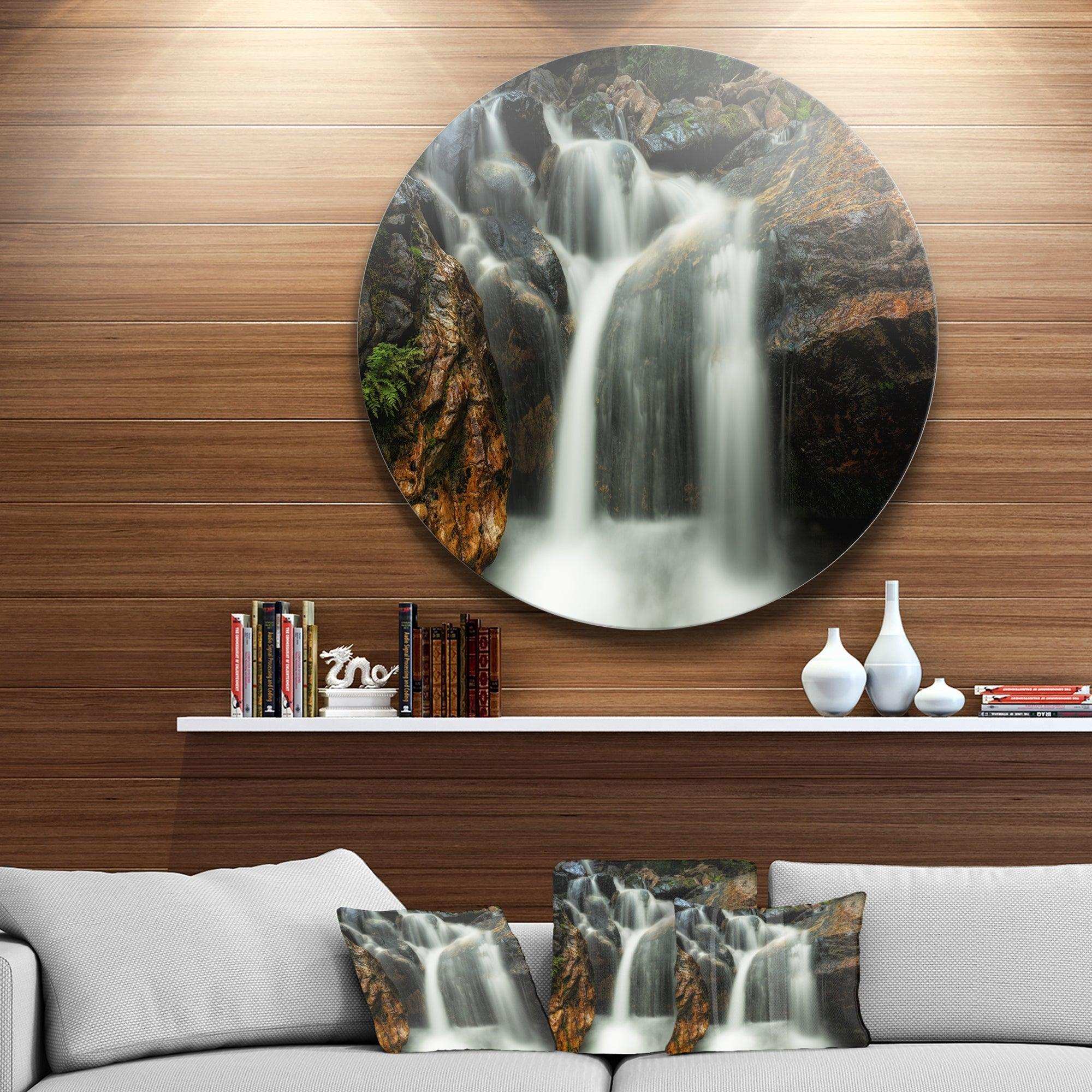 Slow Motion Waterfall on Rocks - Landscape Metal Circle Wall Art