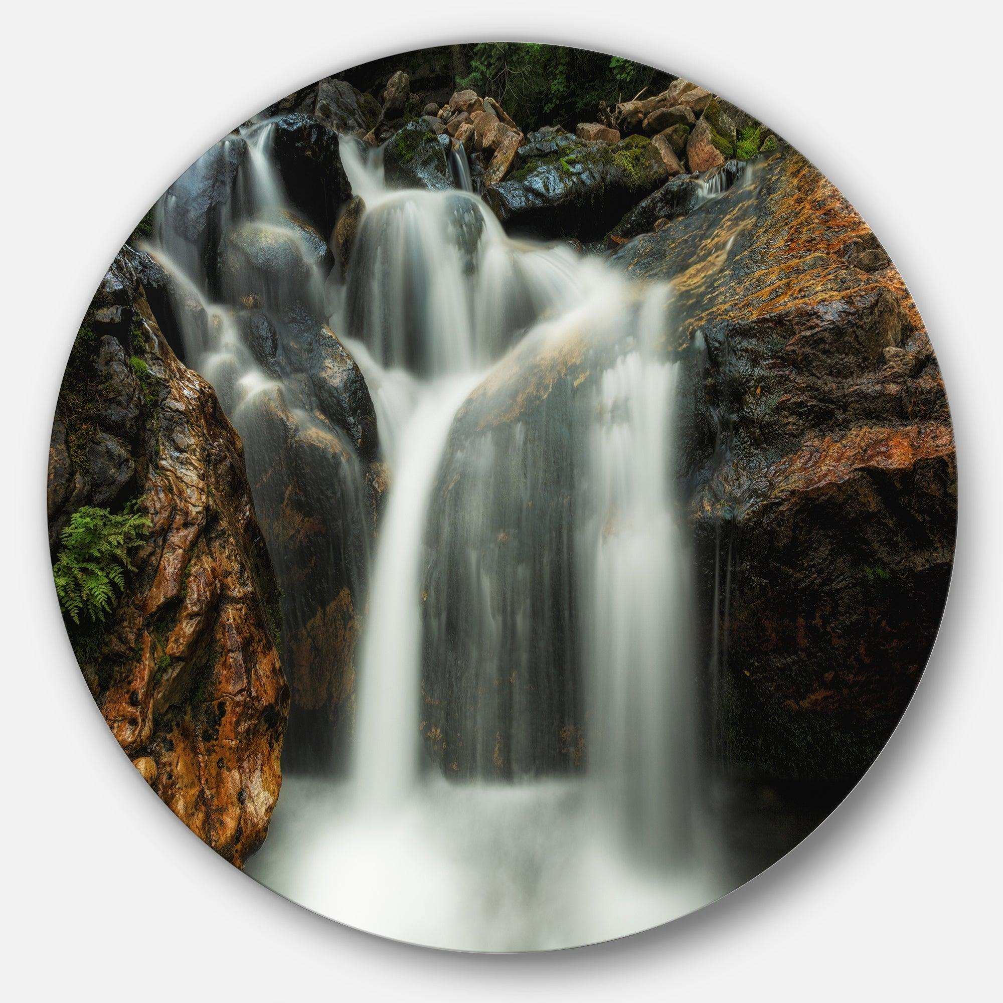 Slow Motion Waterfall on Rocks - Landscape Metal Circle Wall Art