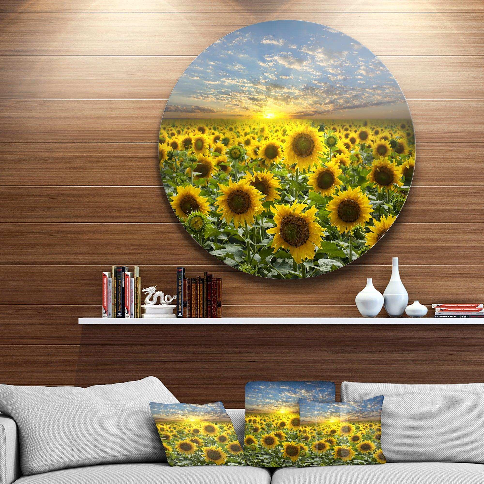 Field of Blooming Sunflowers - Floral Large Metal Circle Wall Art