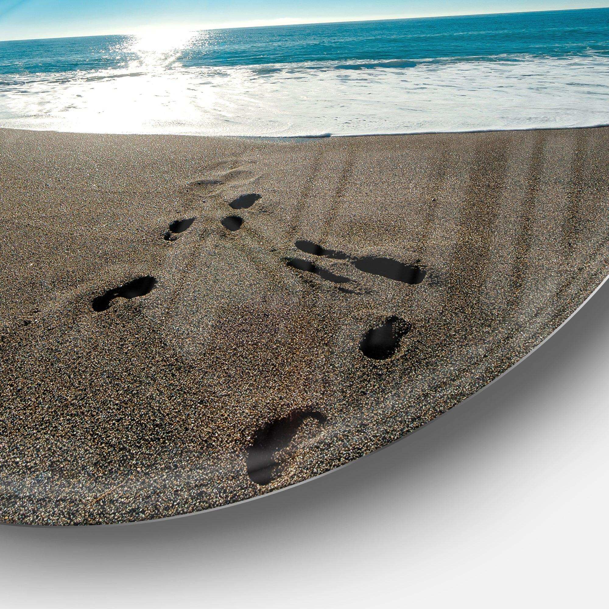 Blue Sea and Footprints in Sand - Sea & Shore Circle Metal Wall Decor