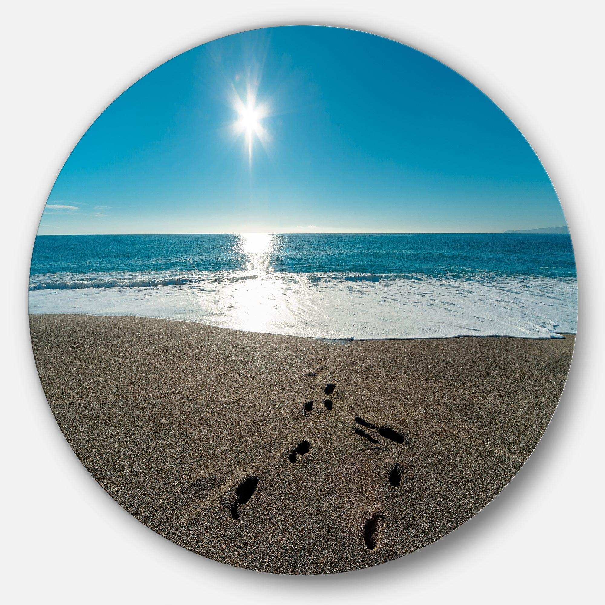 Blue Sea and Footprints in Sand - Sea & Shore Circle Metal Wall Decor