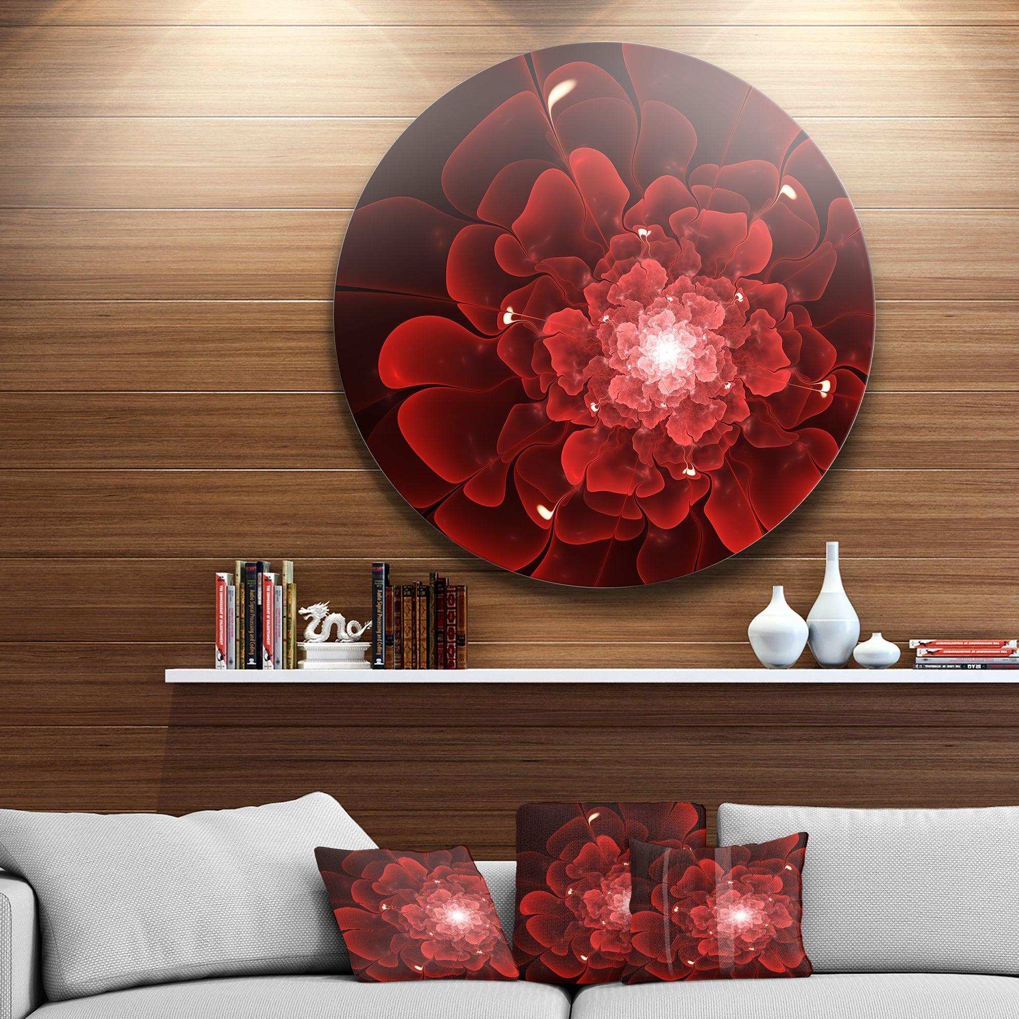 Fractal Flower Clear Red Digital Art - Floral Large Metal Circle Wall Art