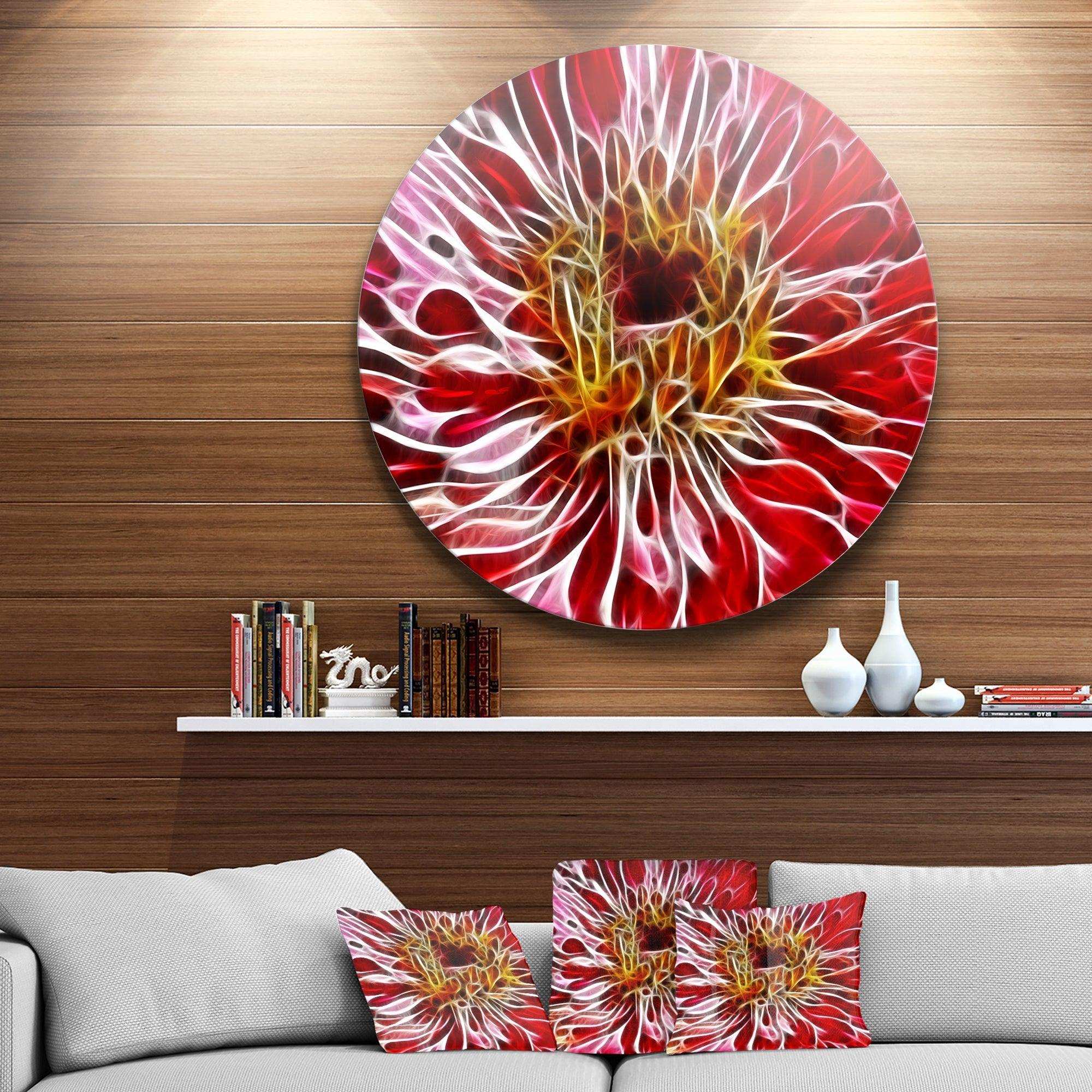 Dark Red Digital Art Fractal Flower - Floral Metal Circle Wall Art