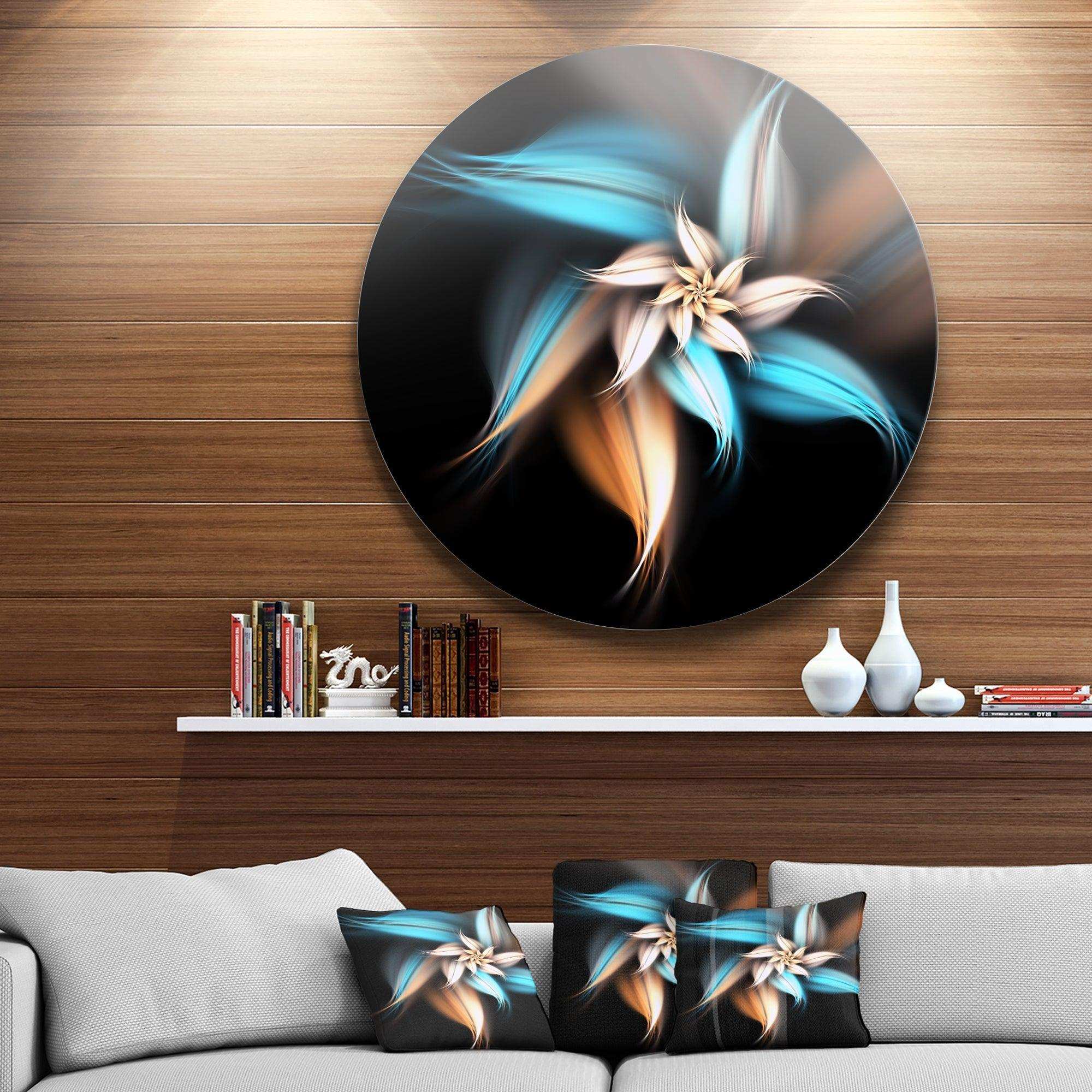 Blue Brown Digital Art Fractal Flower - Floral Oversized Circle Metal Wall Art