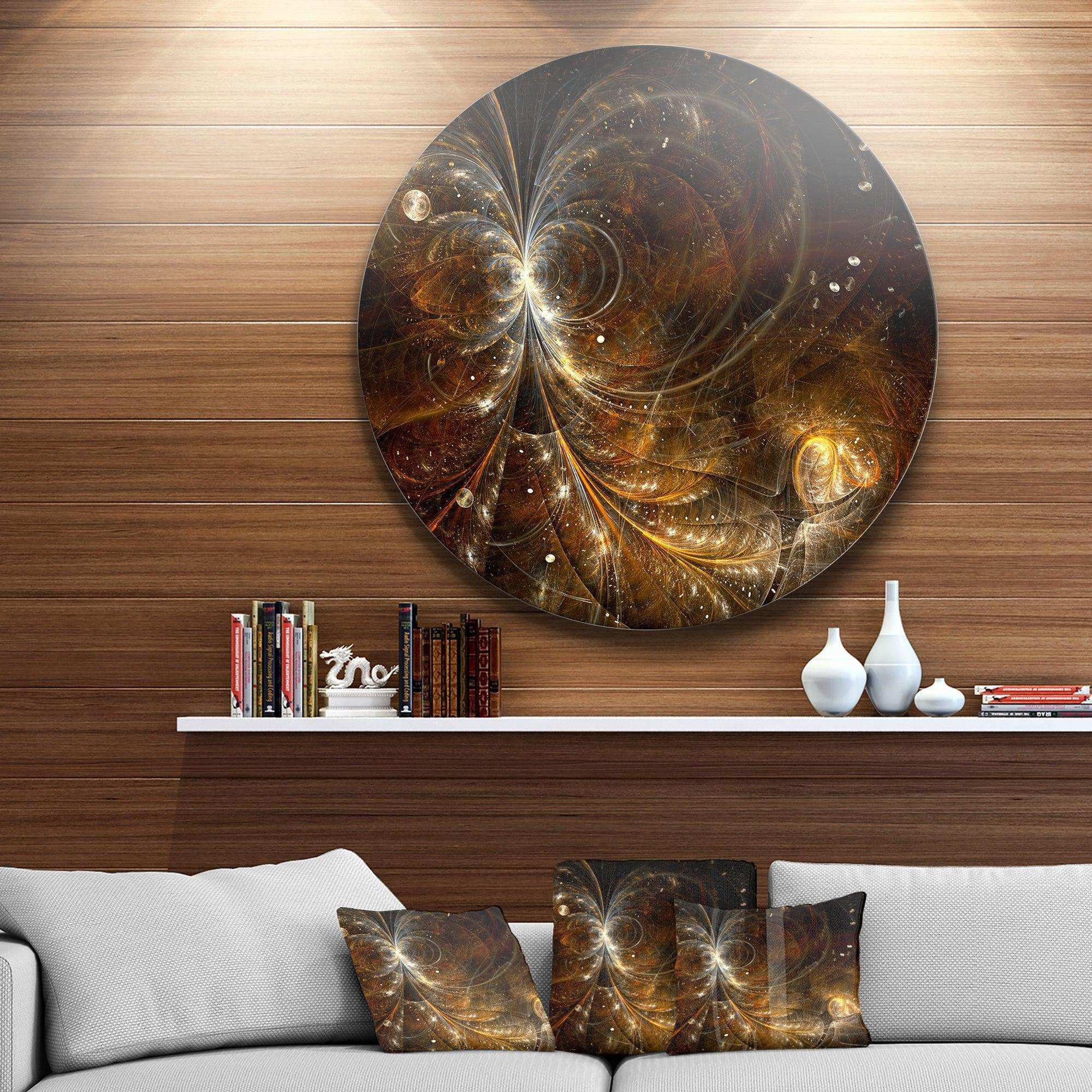 Golden Yellow Digital Art Fractal Flower - Floral Round Metal Wall Art