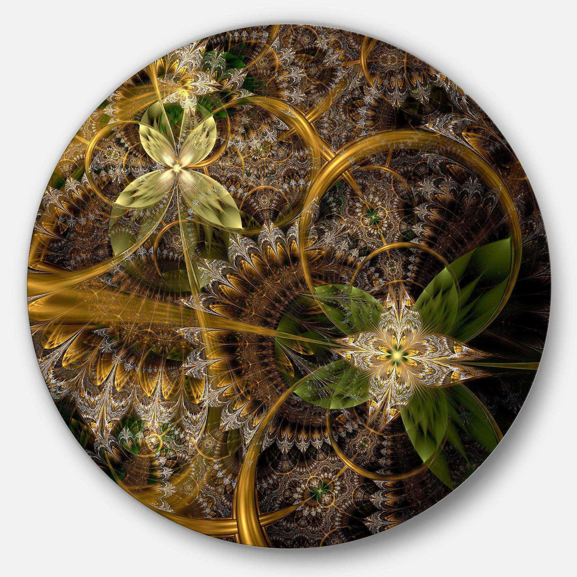 Green Gold Digital Art Fractal Flower - Floral Circle Metal Wall Decor