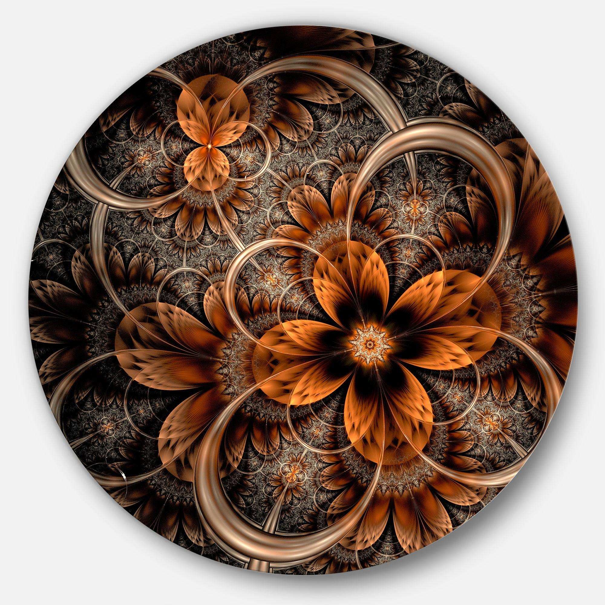 Dark Orange Digital Art Fractal Flower - Floral Circle Metal Wall Decor