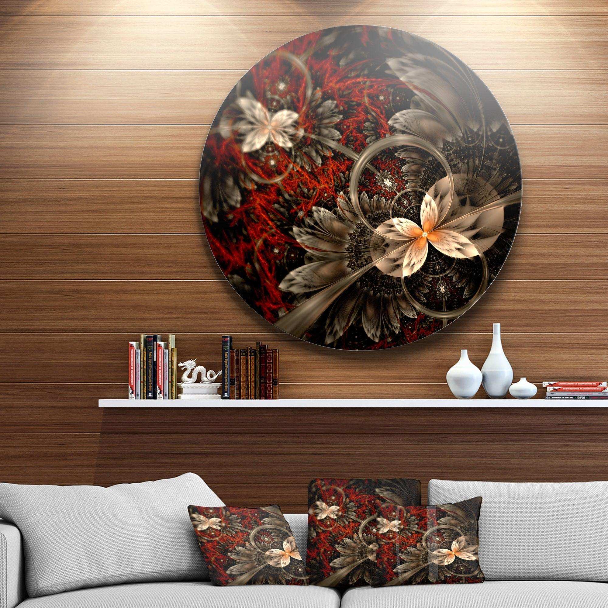 Red and Orange Fractal Flower Pattern - Floral Oversized Circle Metal Wall Art