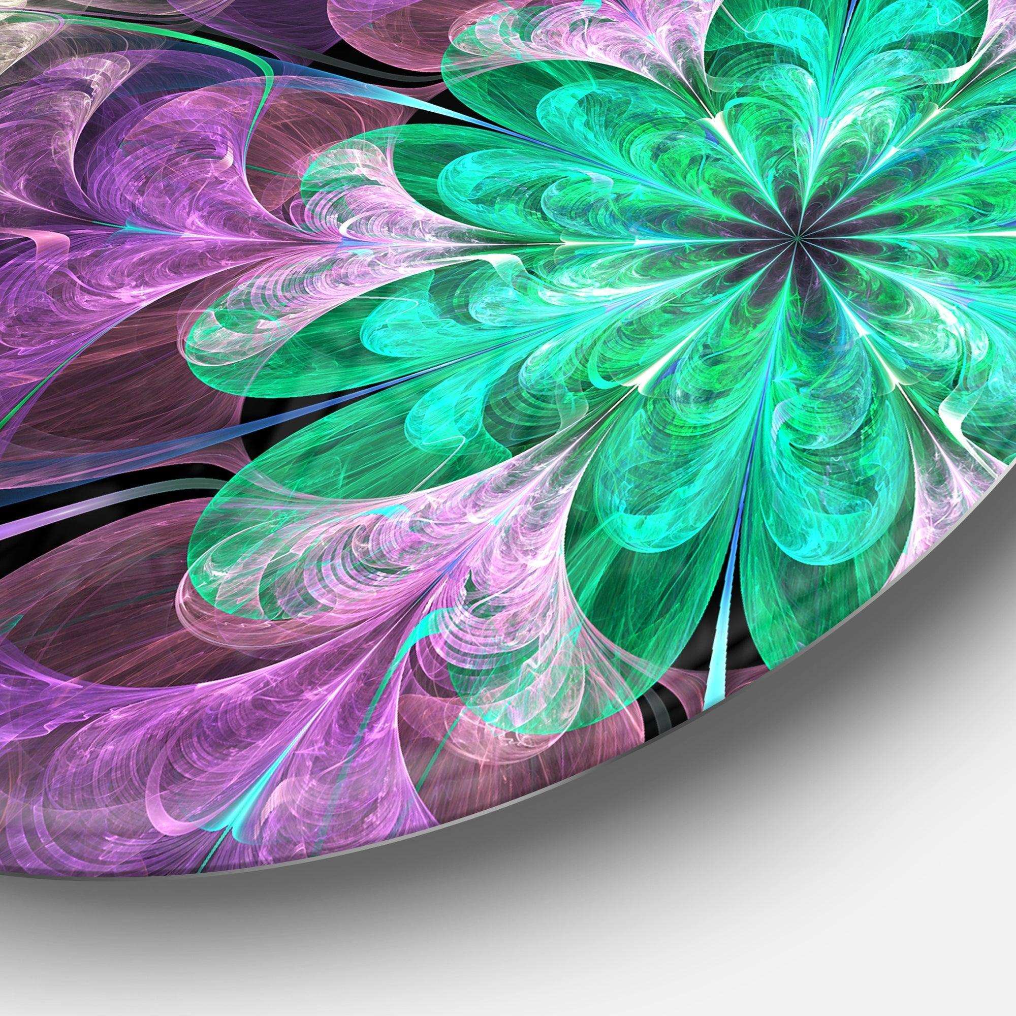 Glittering Purple Green Fractal Flower - Floral Metal Circle Wall Art