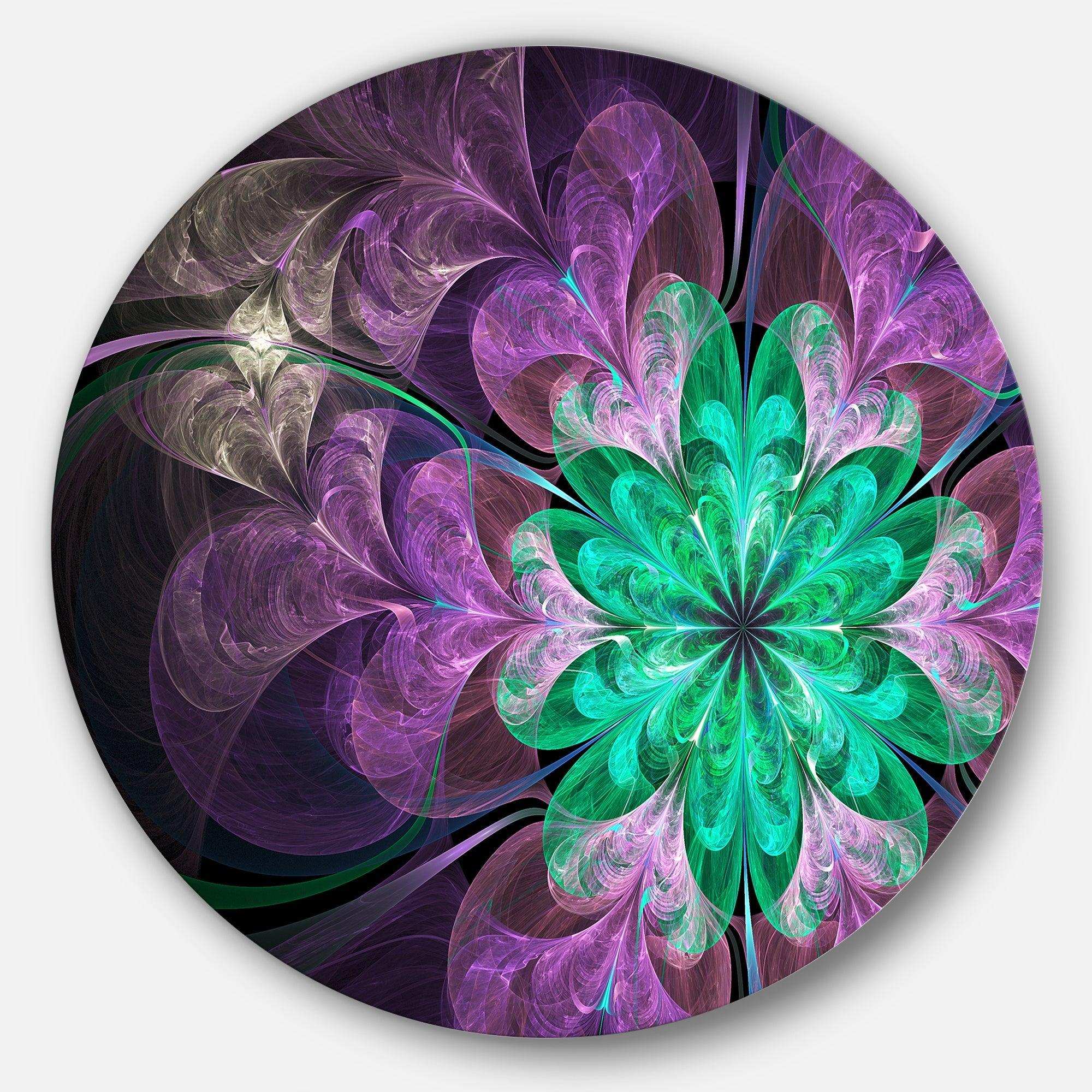 Glittering Purple Green Fractal Flower - Floral Metal Circle Wall Art