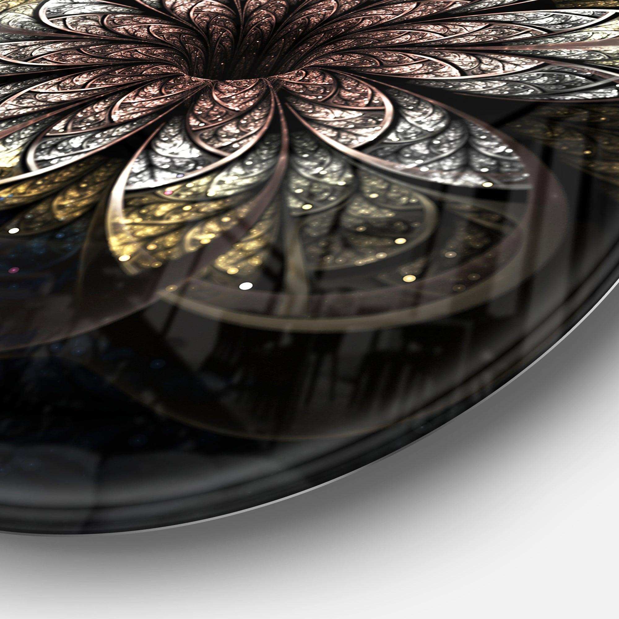 Rounded Glowing Golden Fractal Flower - Floral Circle Metal Wall Decor