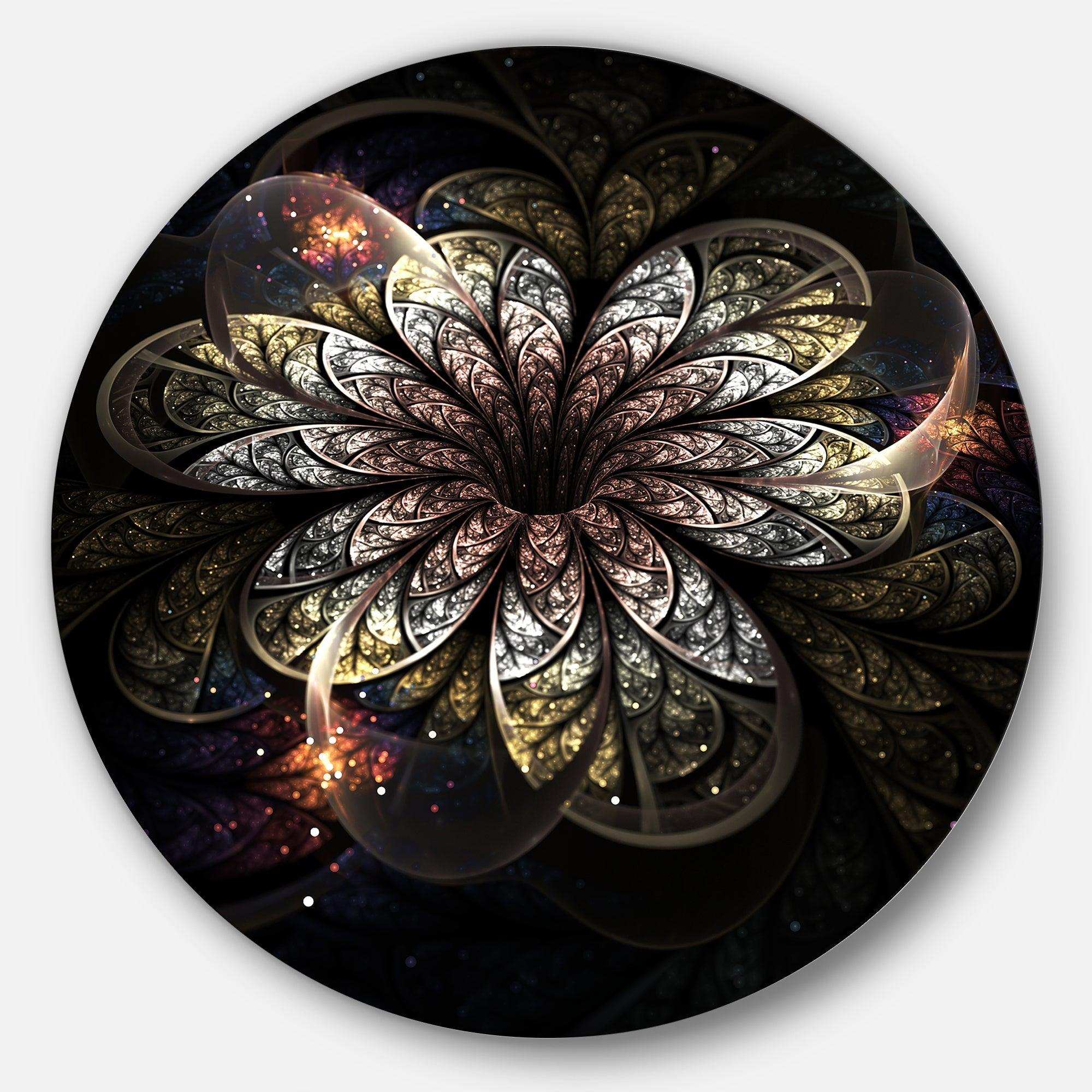 Rounded Glowing Golden Fractal Flower - Floral Circle Metal Wall Decor