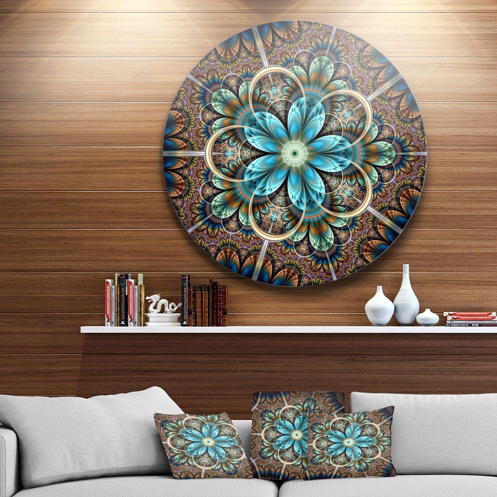 Large Brown Blue Fractal Flower - Floral Large Metal Circle Wall Art