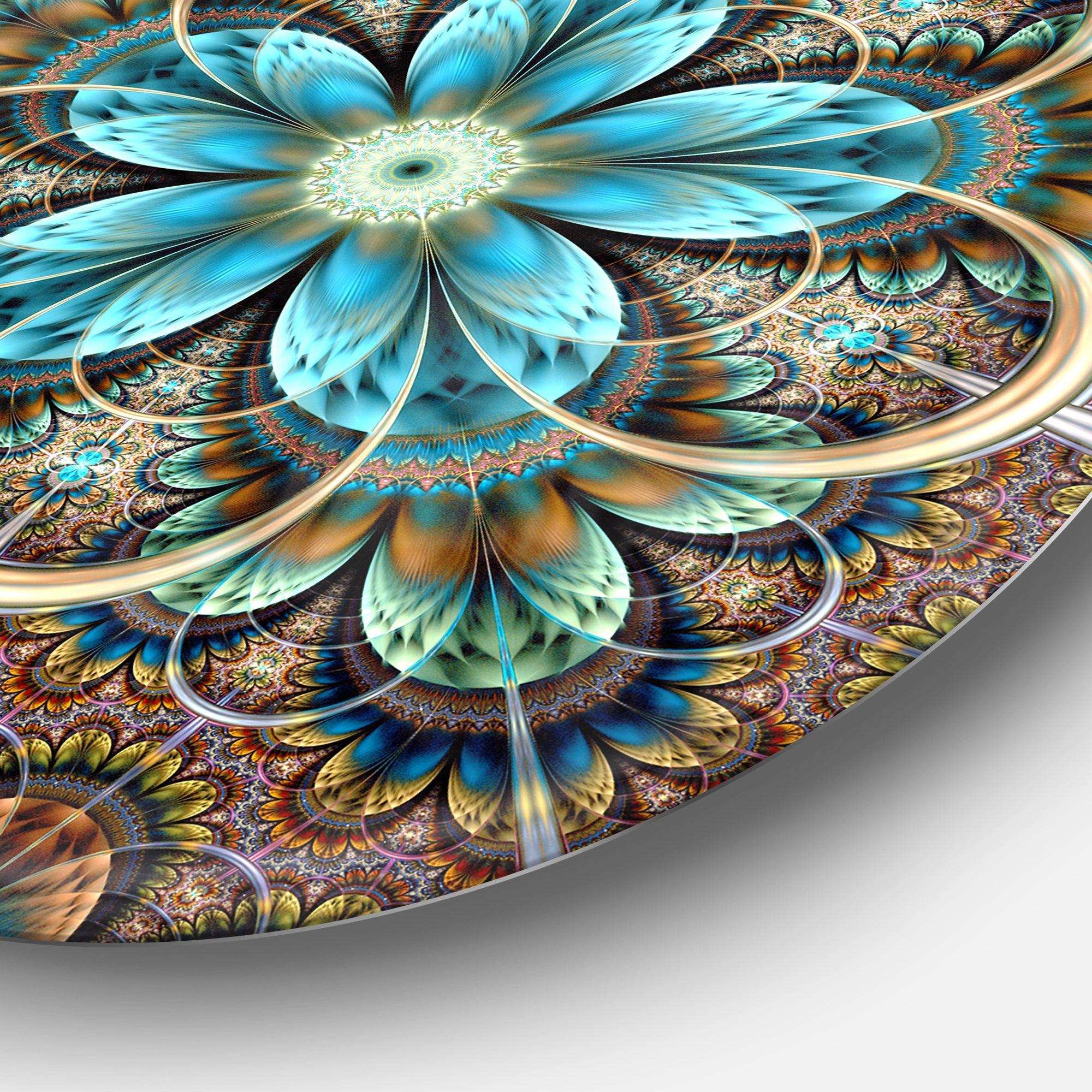 Large Brown Blue Fractal Flower - Floral Large Metal Circle Wall Art