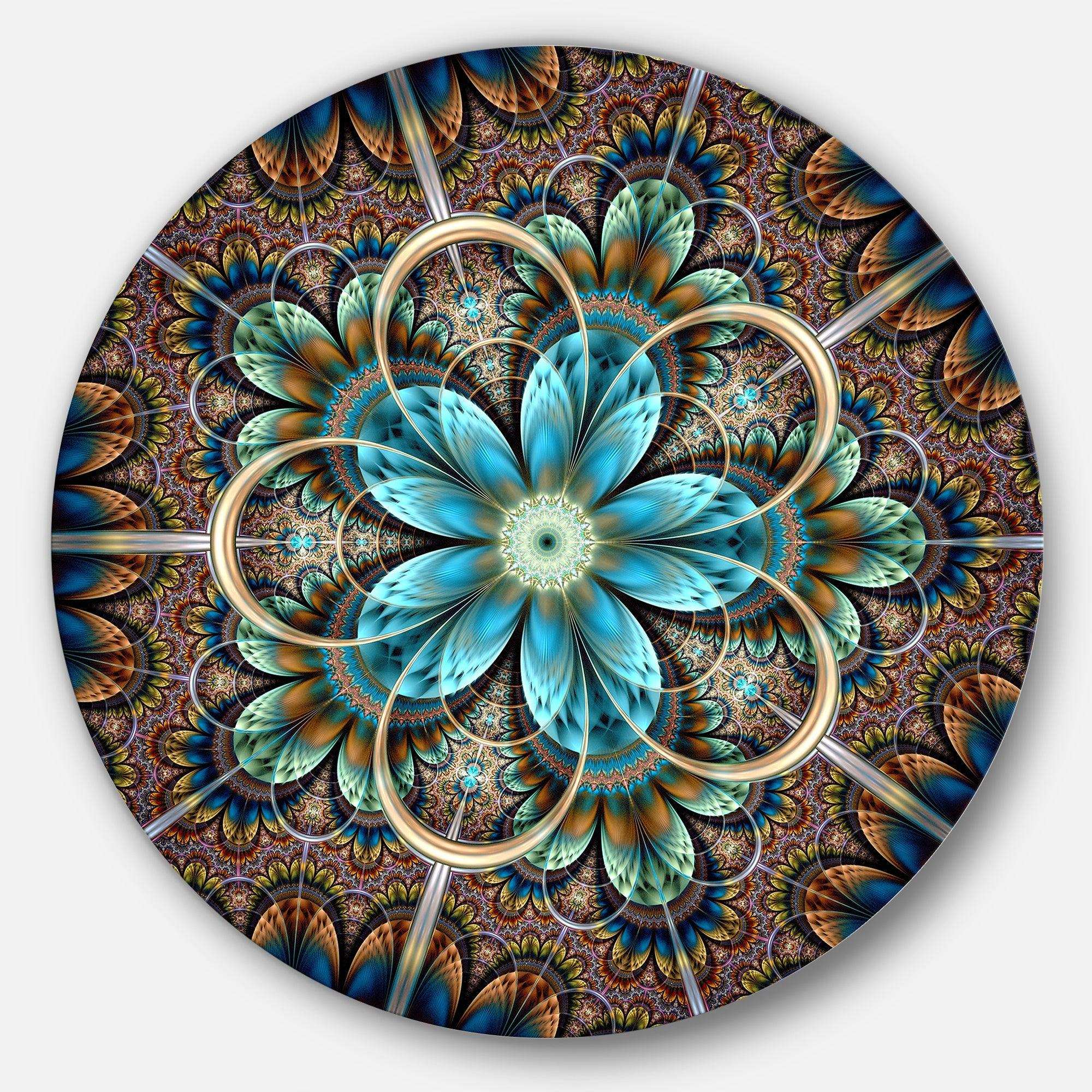 Large Brown Blue Fractal Flower - Floral Large Metal Circle Wall Art