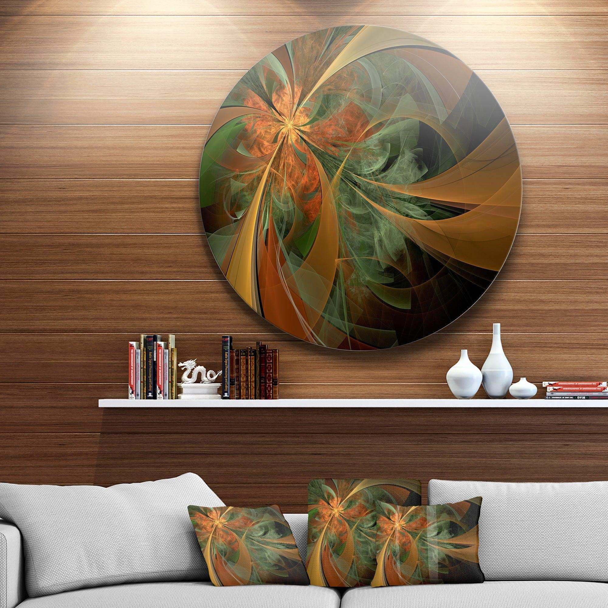 Symmetrical Orange Digital Fractal Flower - Floral Circle Metal Wall Decor