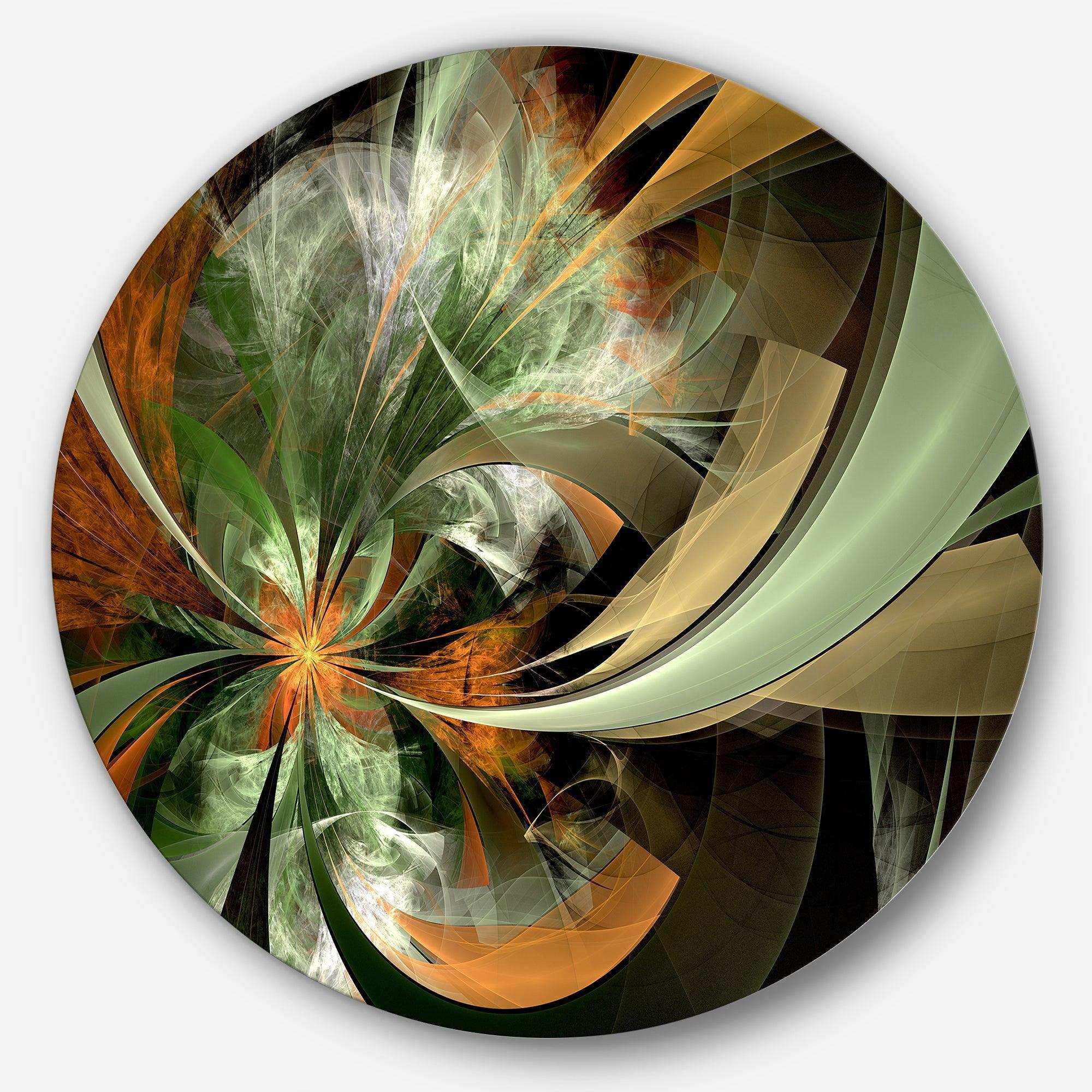 Symmetrical Orange Green Fractal Flower - Floral Metal Circle Wall Art