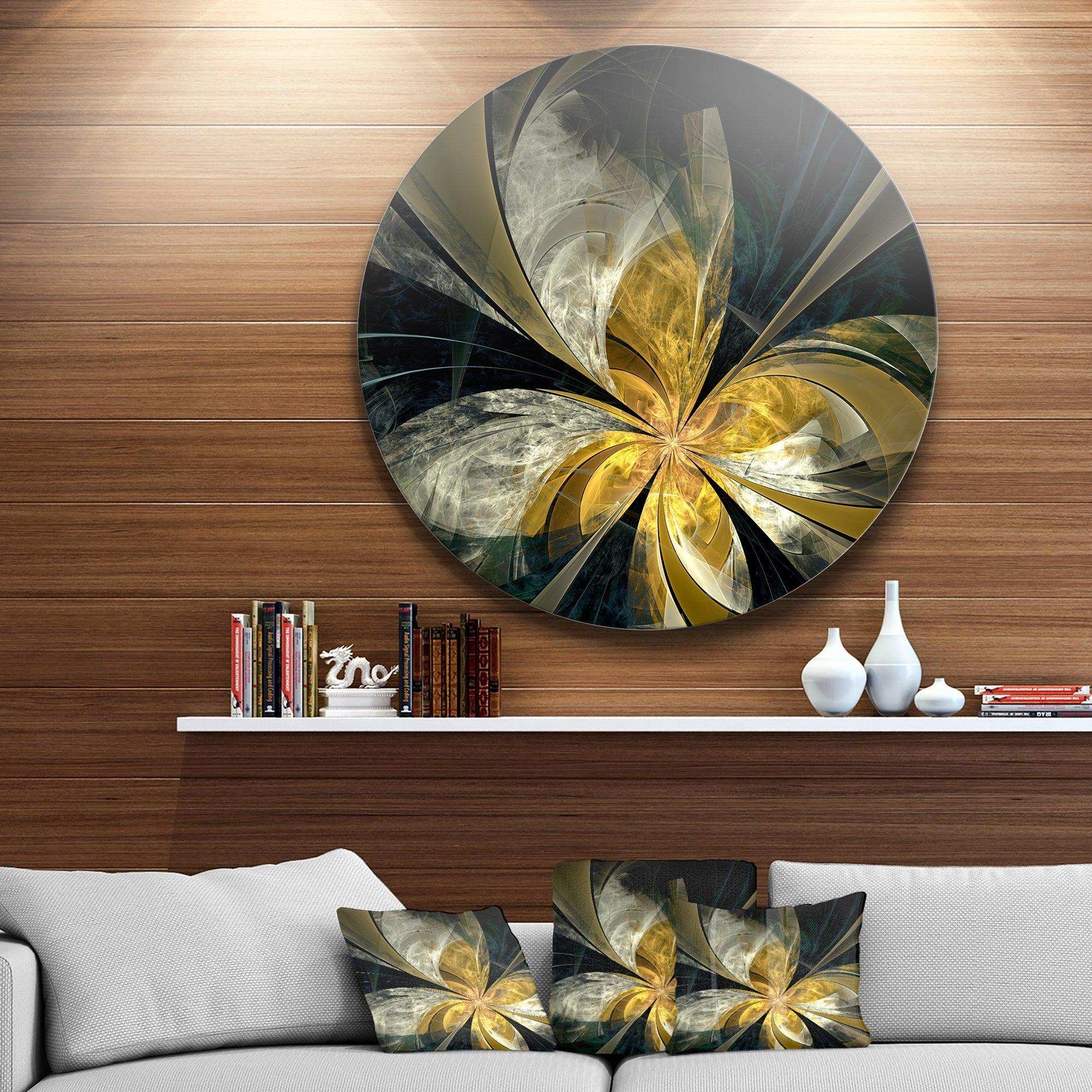 Symmetrical White Gold Fractal Flower - Floral Large Metal Circle Wall Art