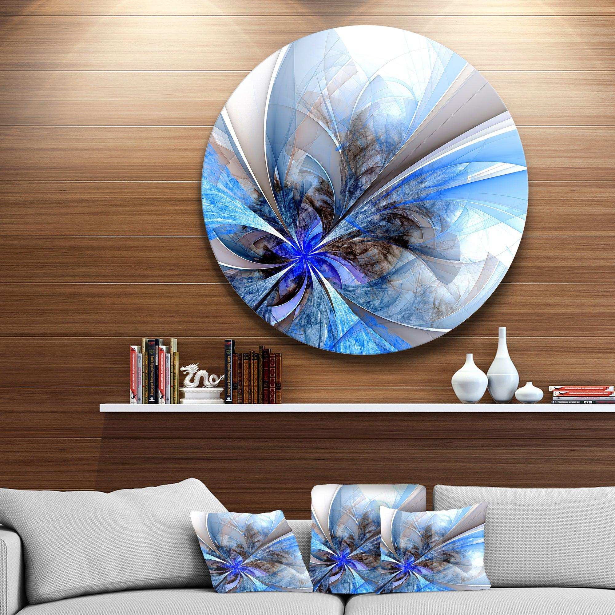 Symmetrical Large Blue Fractal Flower - Floral Large Metal Circle Wall Art