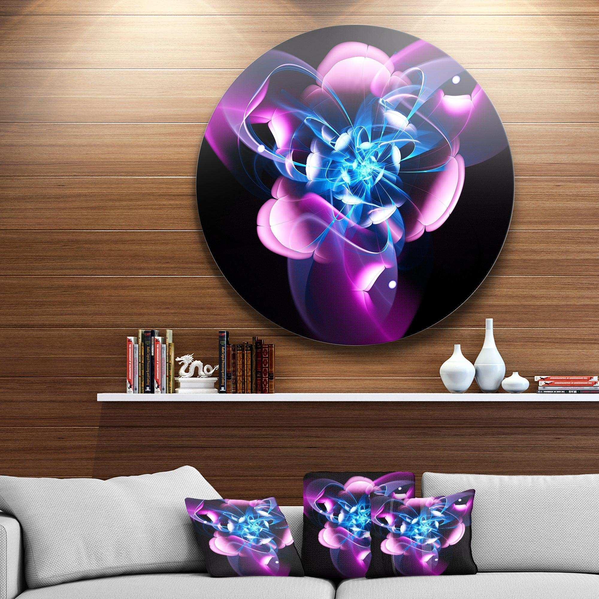 Blue Purple Large Fractal Flower Design - Abstract Round Metal Wall Art