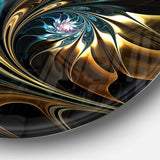 Brown Blue Fractal Flower in Black - Abstract Large Metal Circle Wall Art