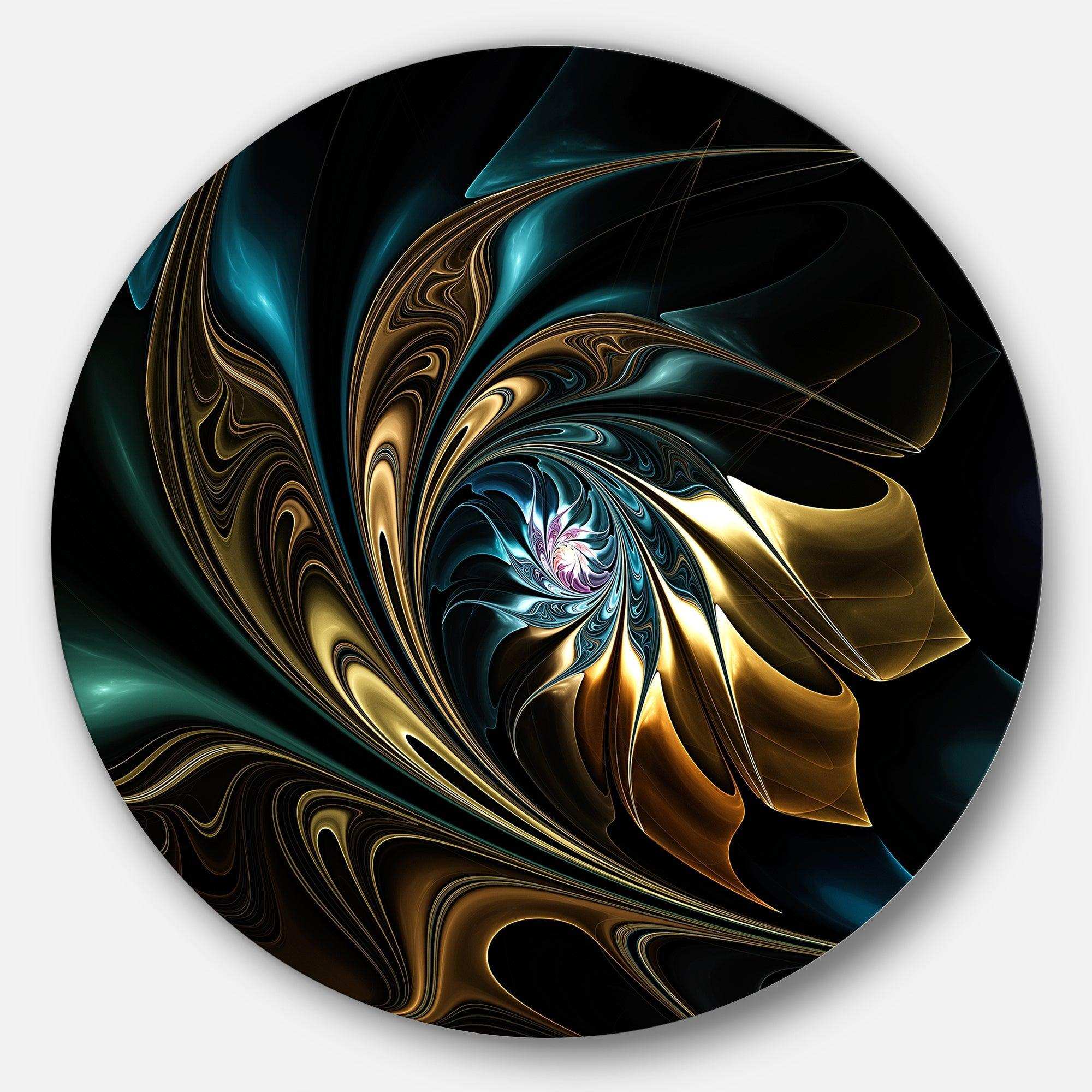 Brown Blue Fractal Flower in Black - Abstract Large Metal Circle Wall Art