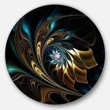 Brown Blue Fractal Flower in Black - Abstract Large Metal Circle Wall Art