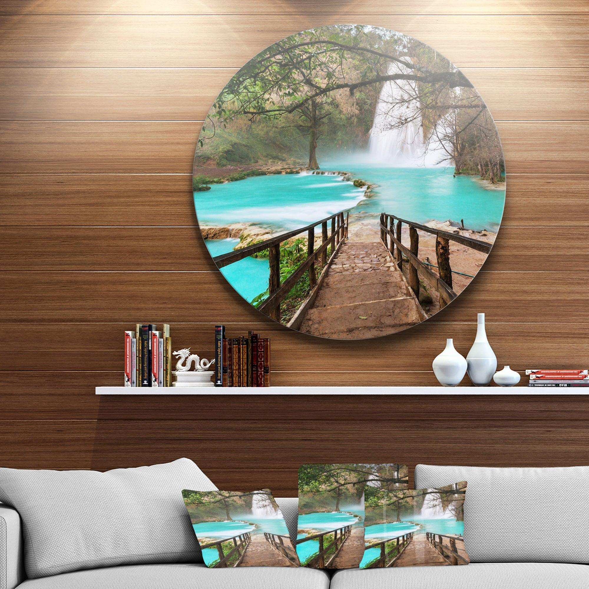 Stairway into Beautiful Waterfall - Landscape Round Metal Wall Art