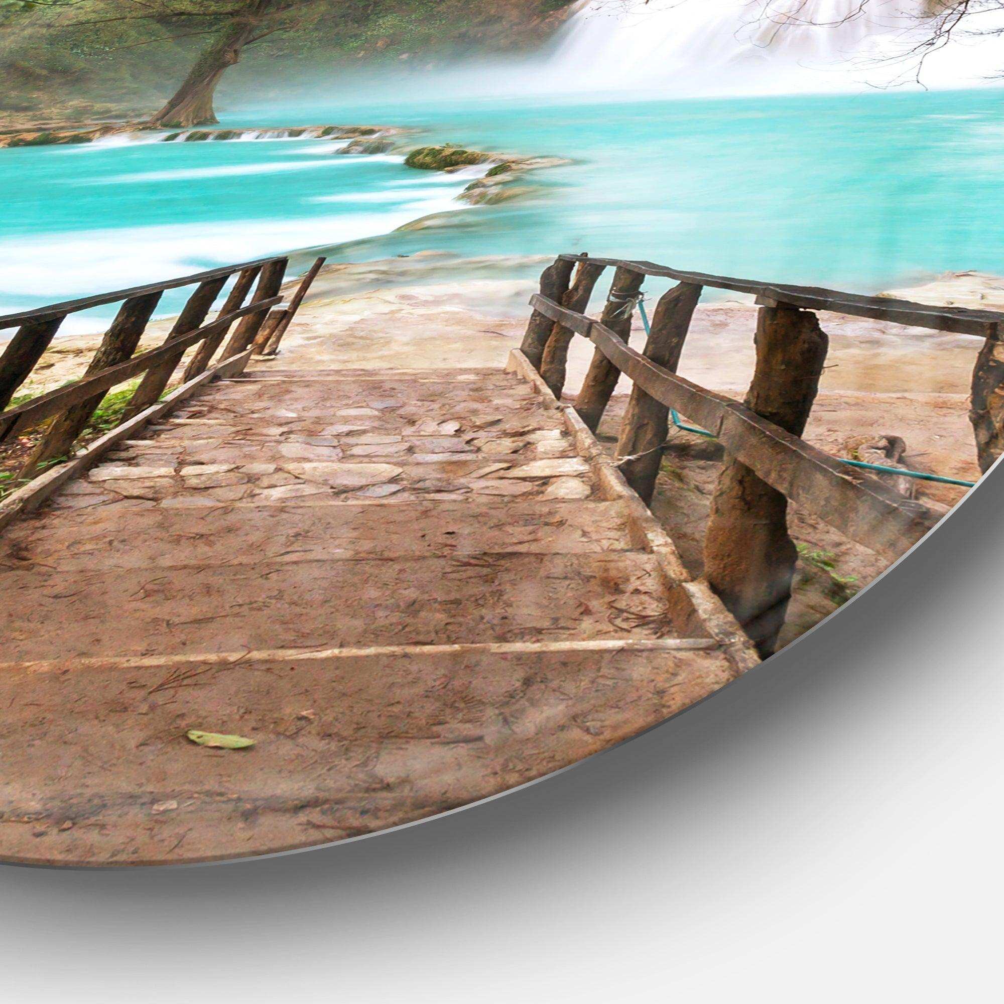 Stairway into Beautiful Waterfall - Landscape Round Metal Wall Art