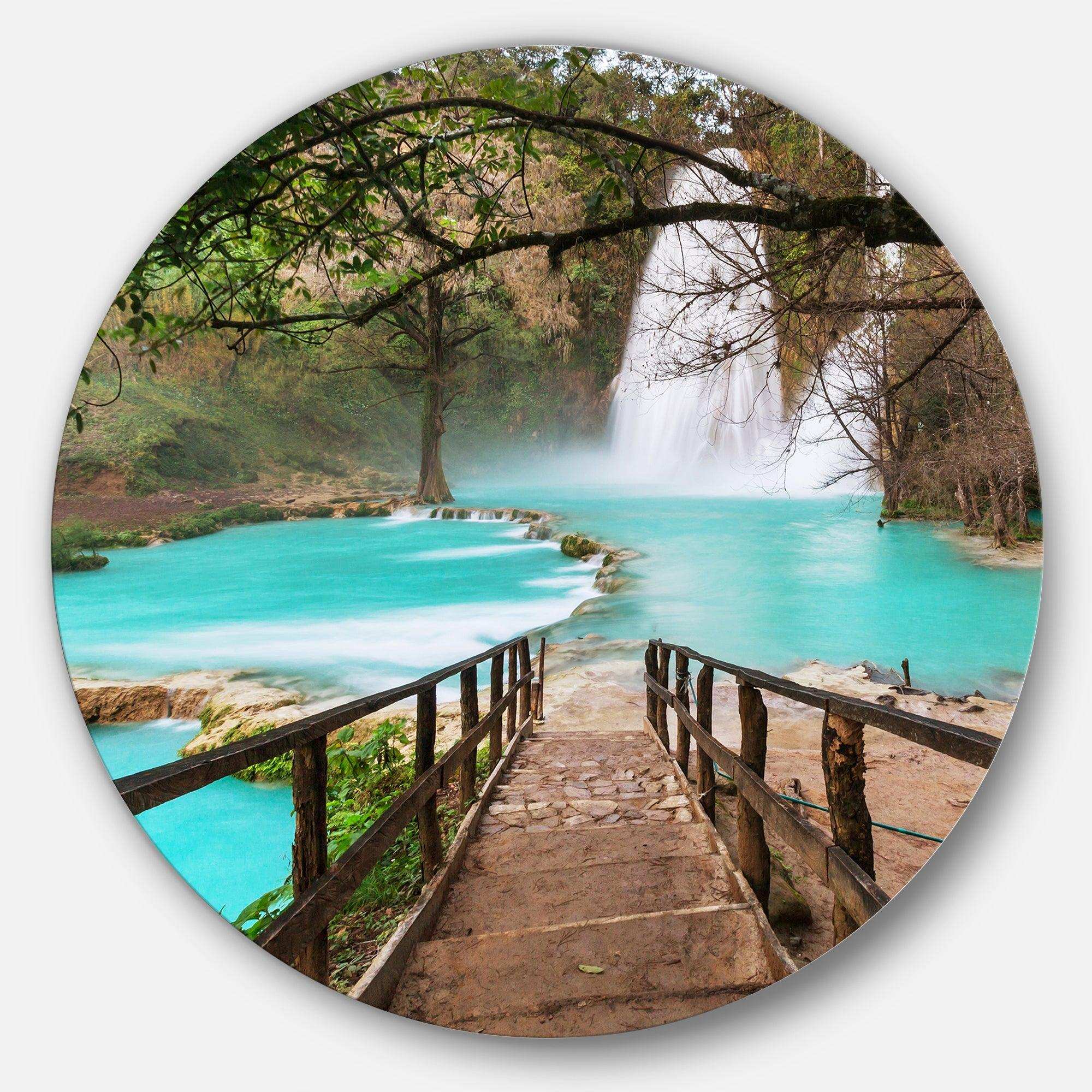 Stairway into Beautiful Waterfall - Landscape Round Metal Wall Art