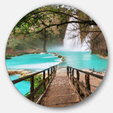 Stairway into Beautiful Waterfall - Landscape Round Metal Wall Art
