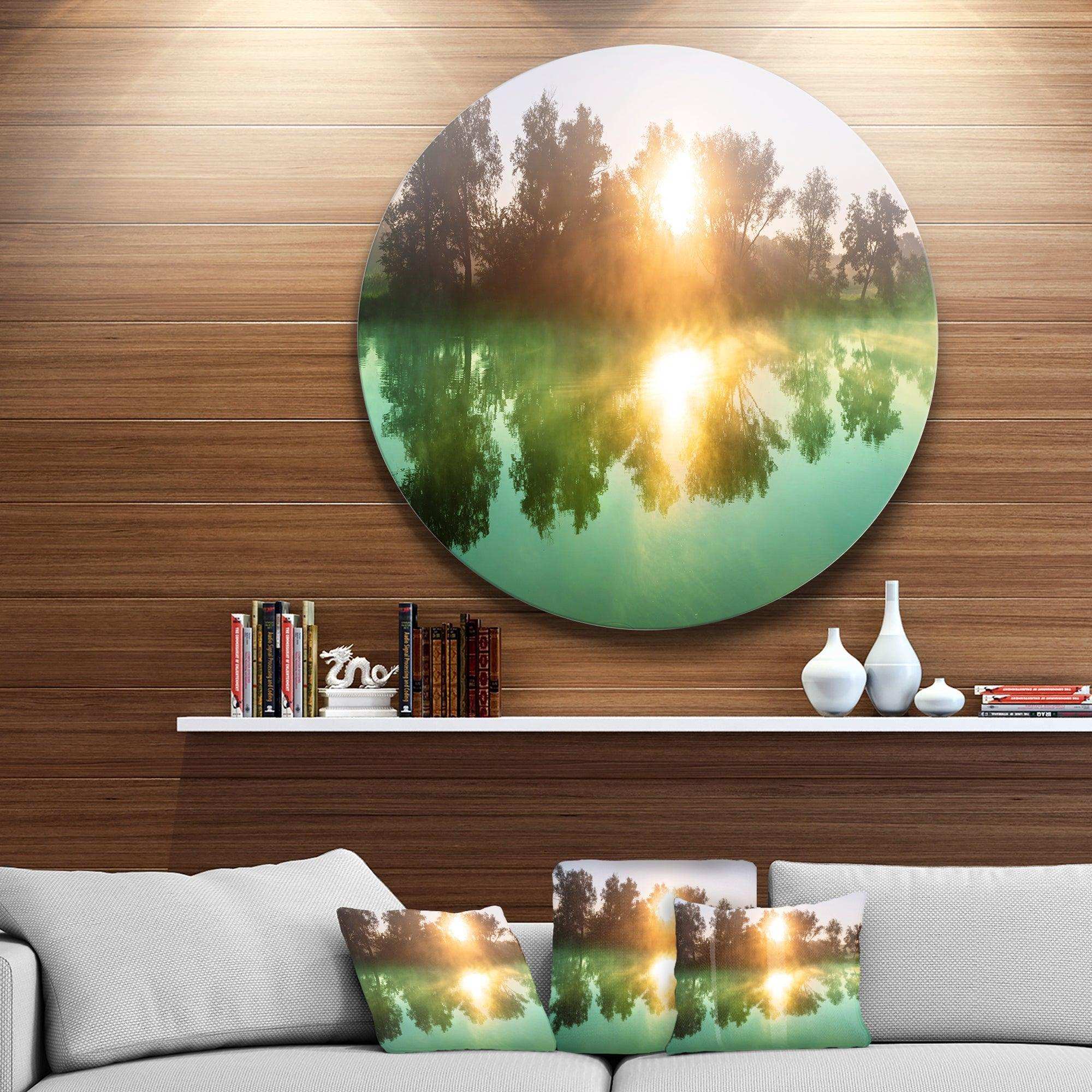 Beautiful Summer River At Sunset - Landscape Round Metal Wall Art