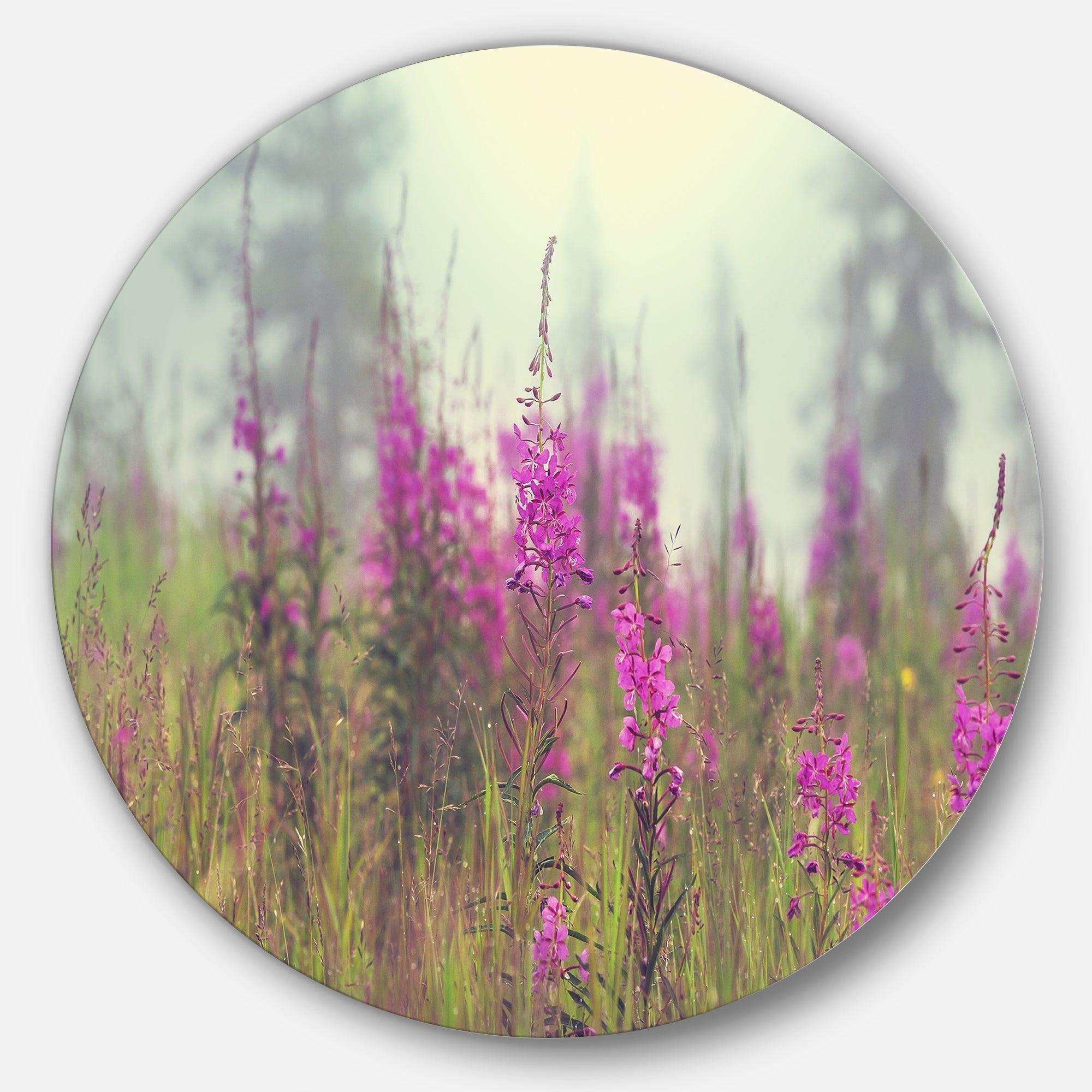 Purple Summer Flowers in Foggy Field - Floral Metal Circle Wall Art