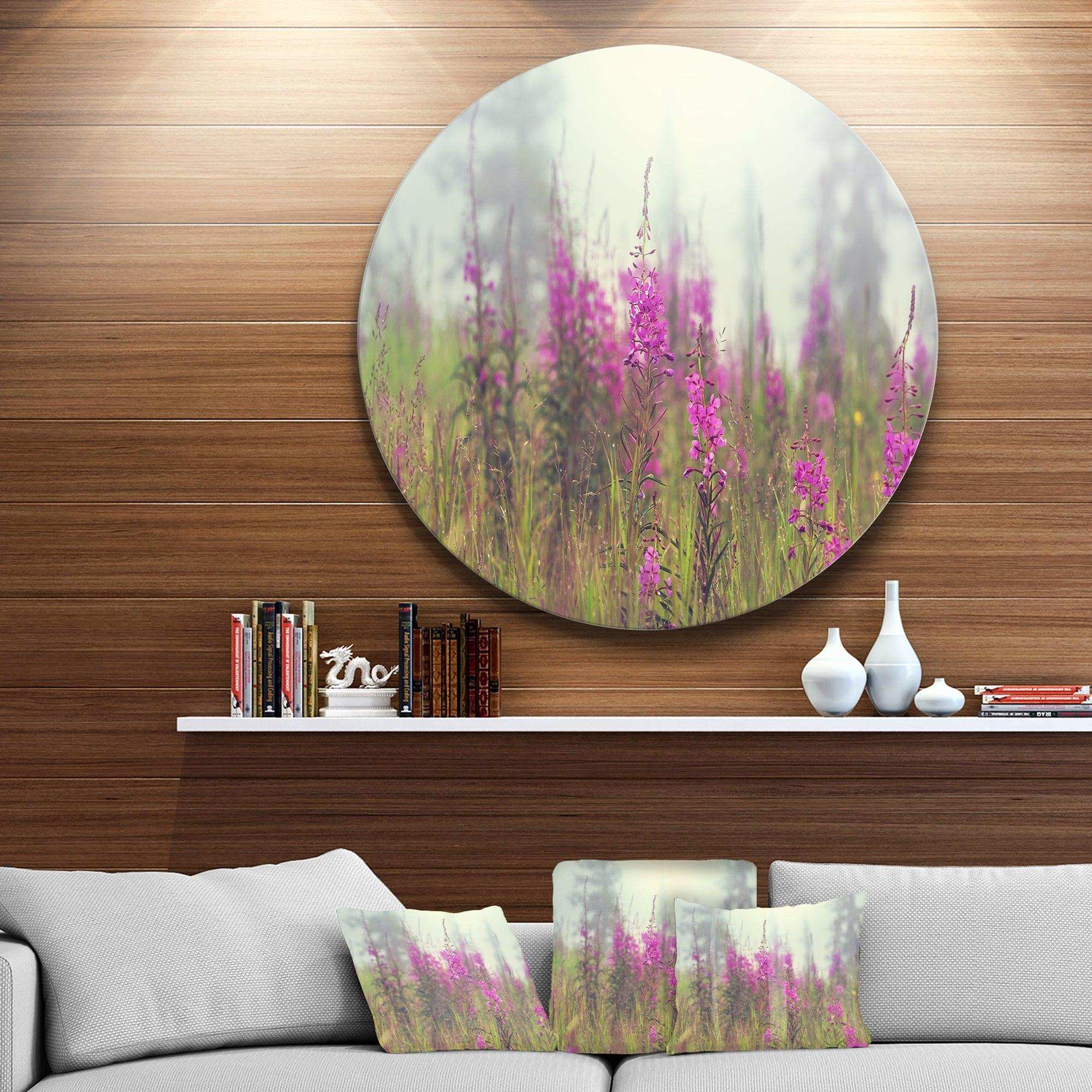 Purple Summer Flowers in Foggy Field - Floral Metal Circle Wall Art