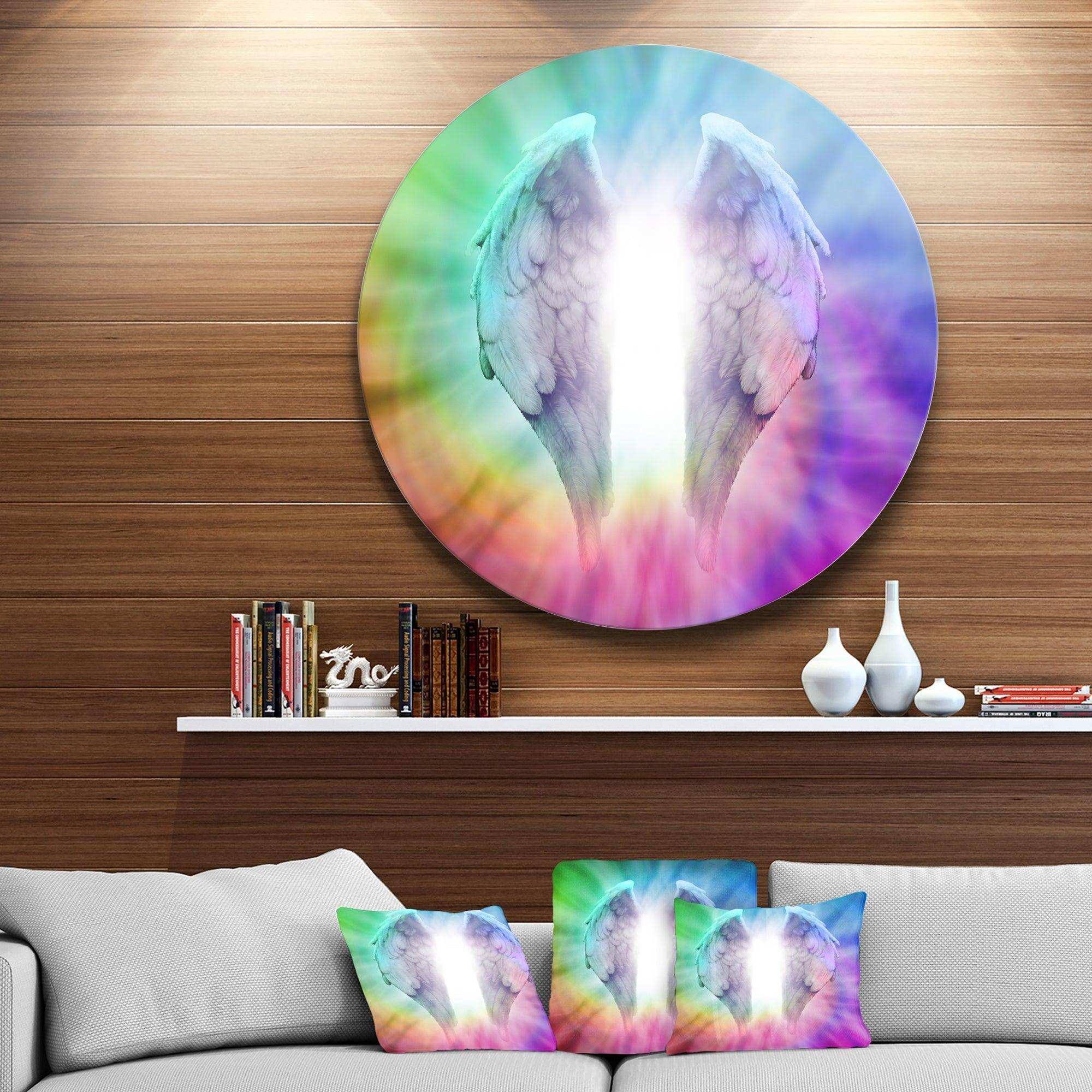 Angel Wings on Rainbow Background - Abstract Metal Circle Wall Art