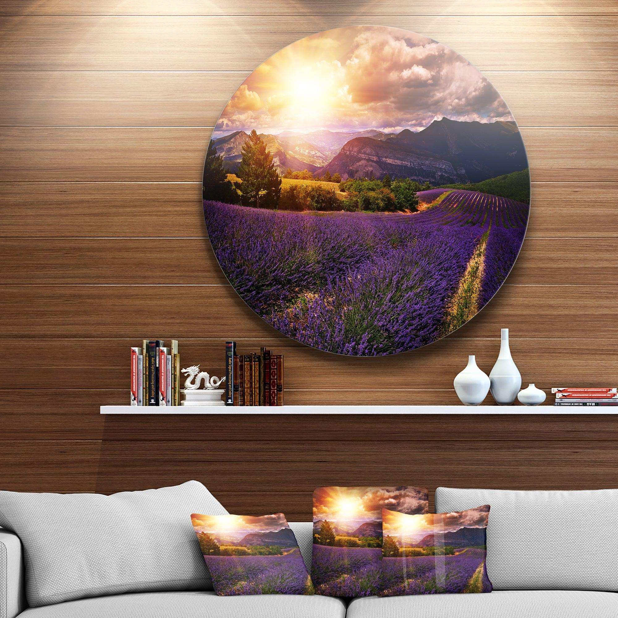 Beautiful Sunset over Lavender Field - Floral Round Metal Wall Art