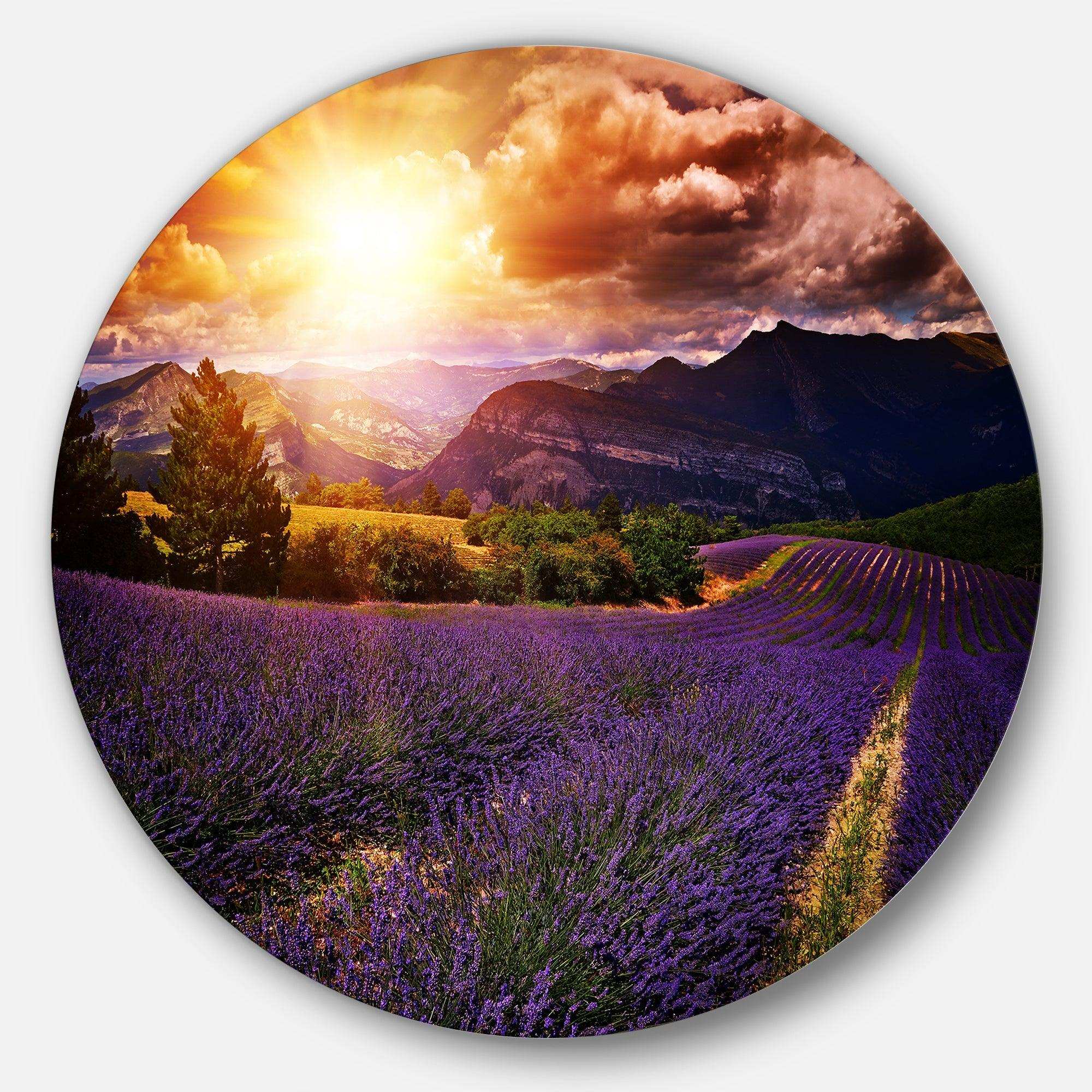 Beautiful Sunset over Lavender Field - Floral Round Metal Wall Art