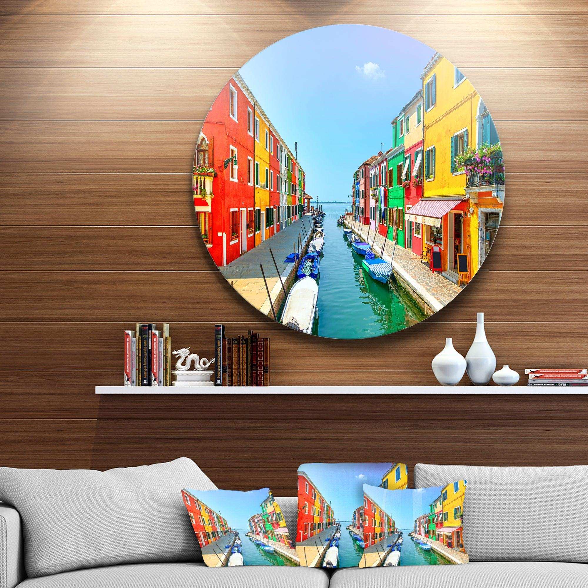 Colorful Burano Island Canal Venice - Landscape Circle Metal Wall Decor