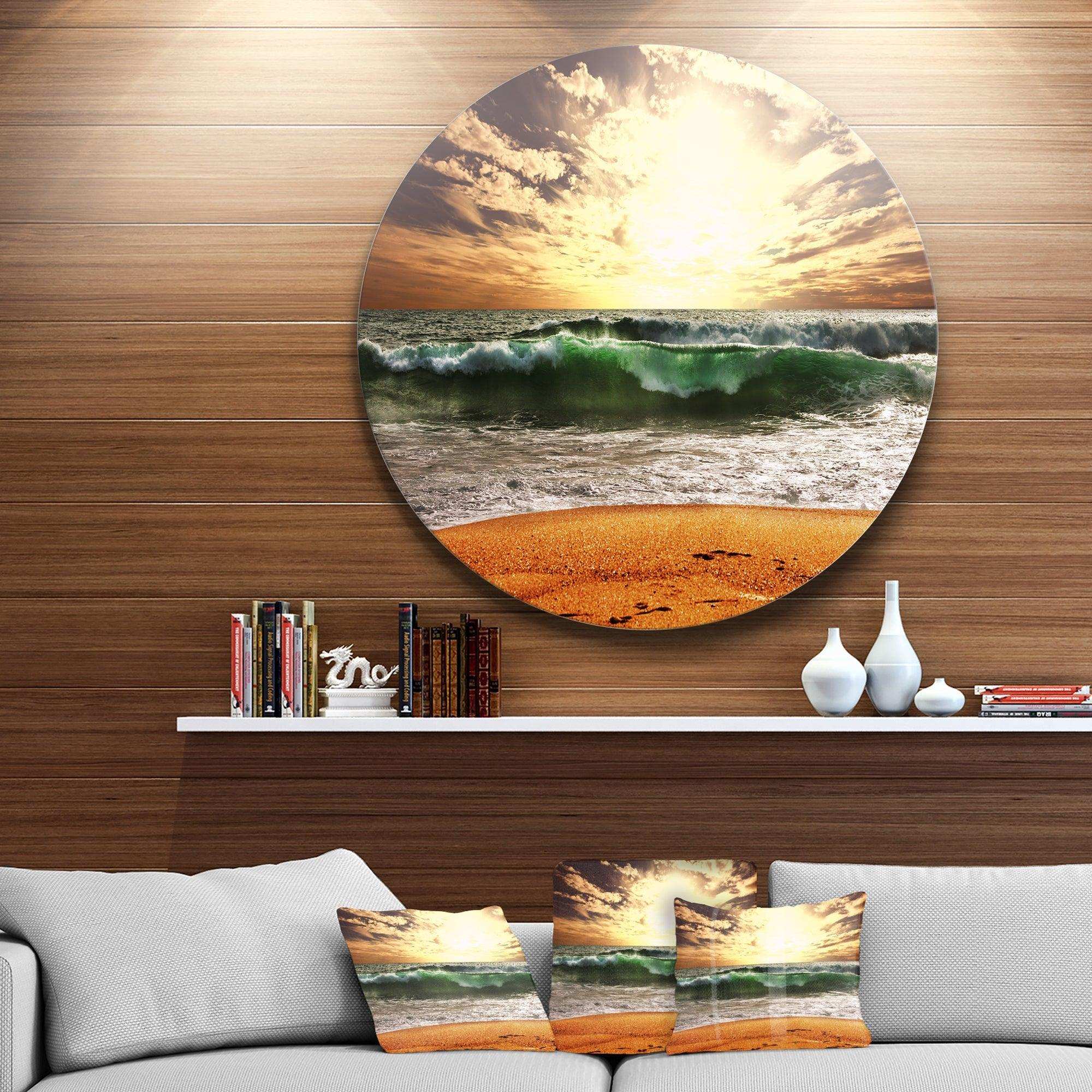 Raging Green Waves At Sunset - Sea & Shore Round Metal Wall Art