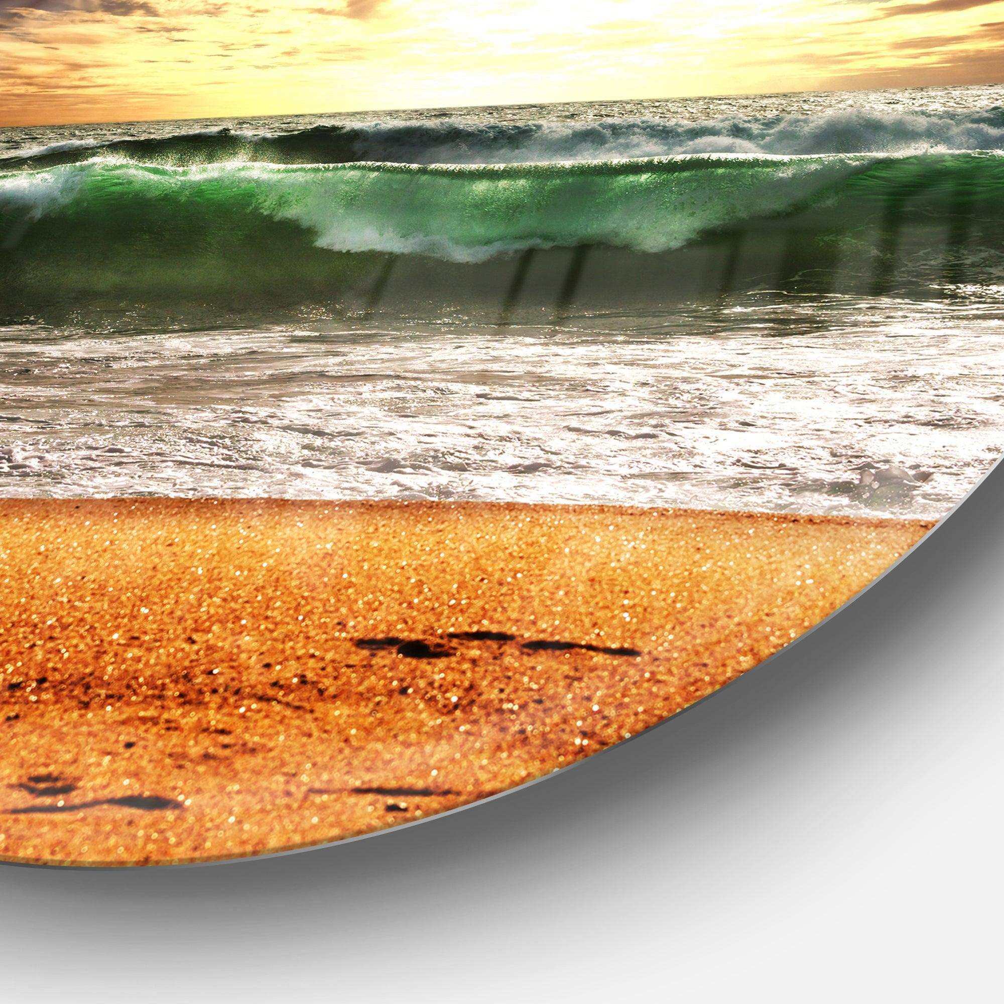 Raging Green Waves At Sunset - Sea & Shore Round Metal Wall Art