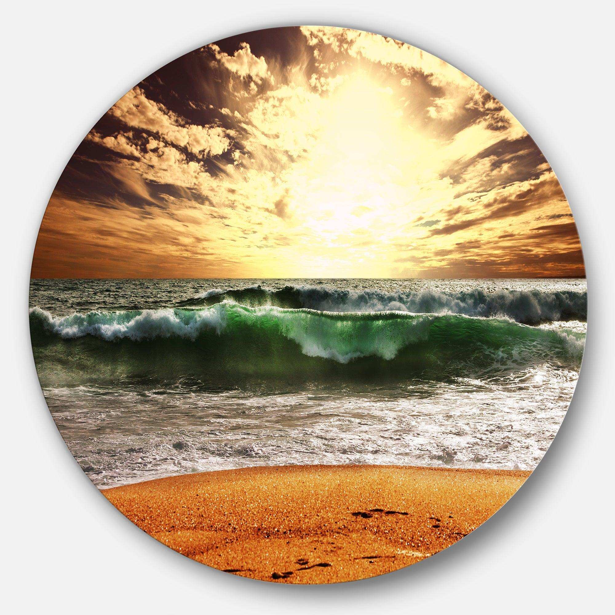 Raging Green Waves At Sunset - Sea & Shore Round Metal Wall Art