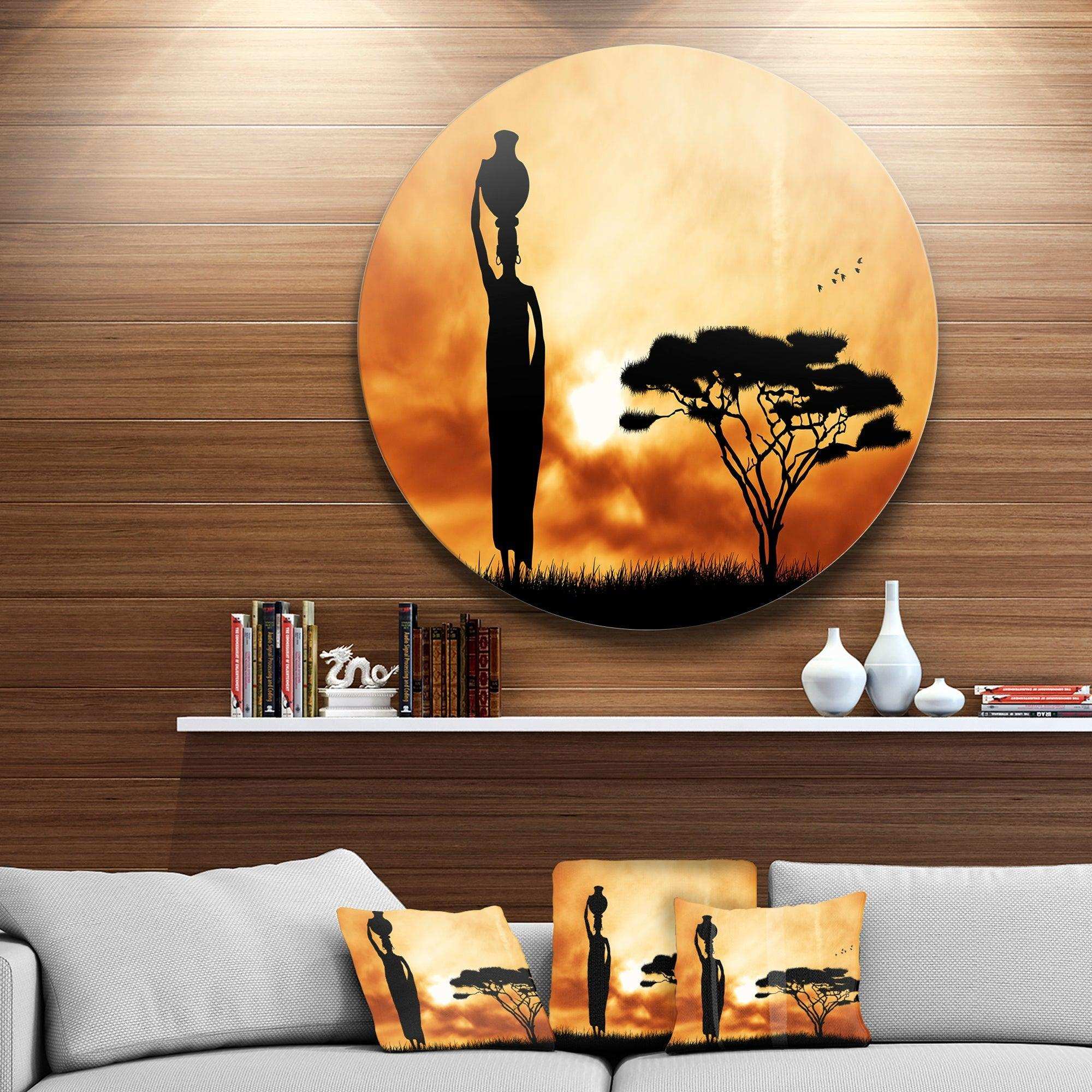 African Woman and Lonely Tree - Landscape Circle Metal Wall Decor