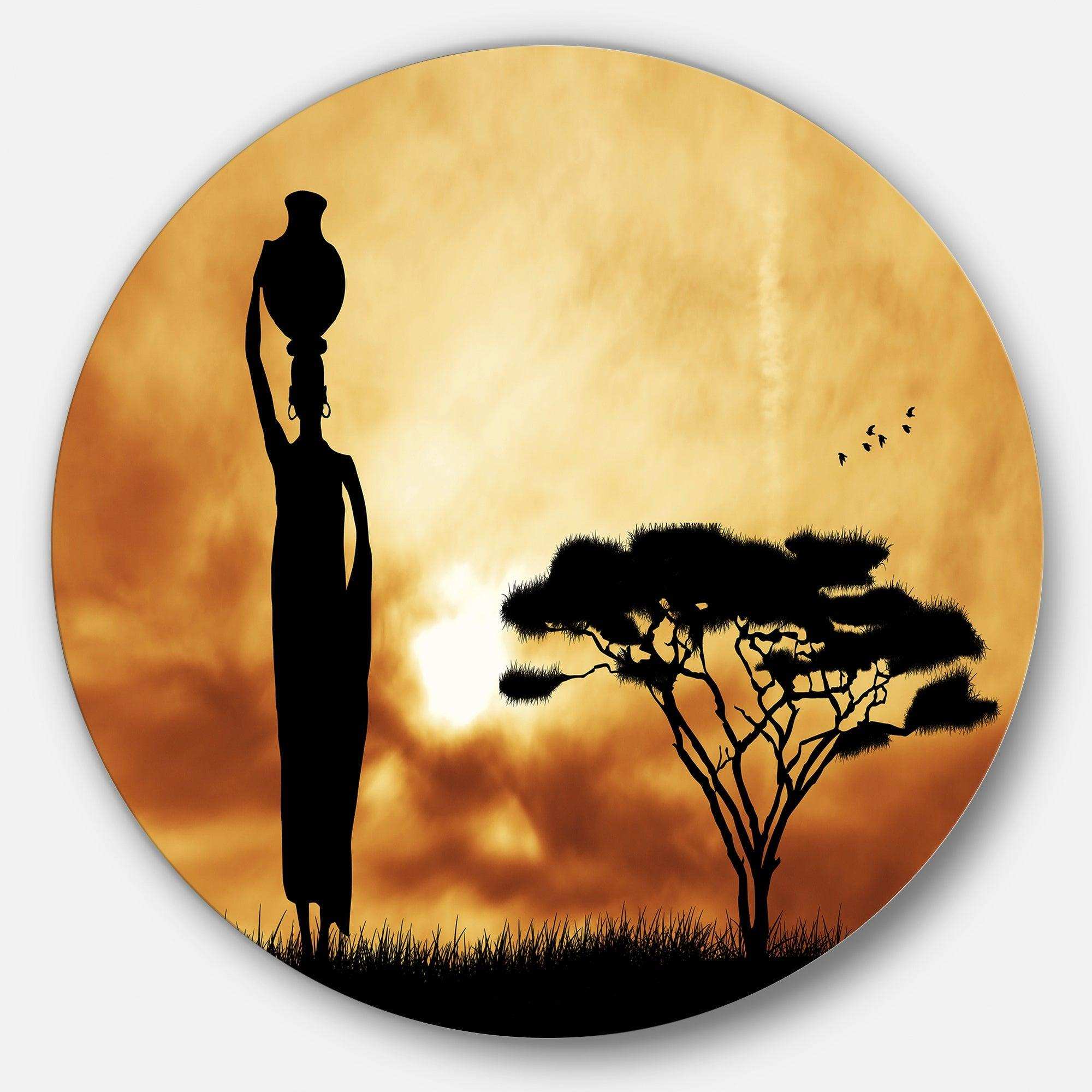 African Woman and Lonely Tree - Landscape Circle Metal Wall Decor