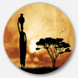 African Woman and Lonely Tree - Landscape Circle Metal Wall Decor