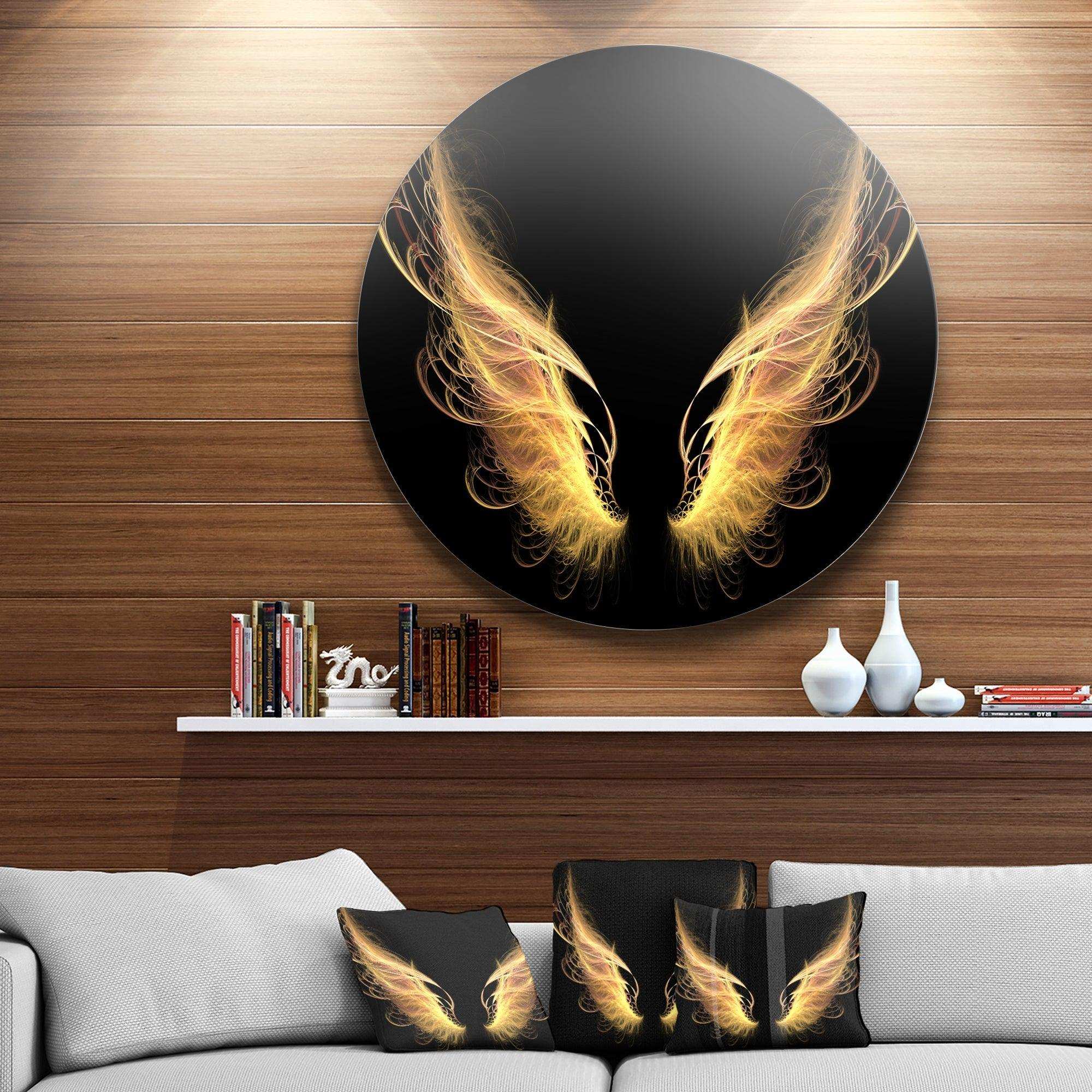 Golden Angel Wings on Black - Abstract Circle Metal Wall Art