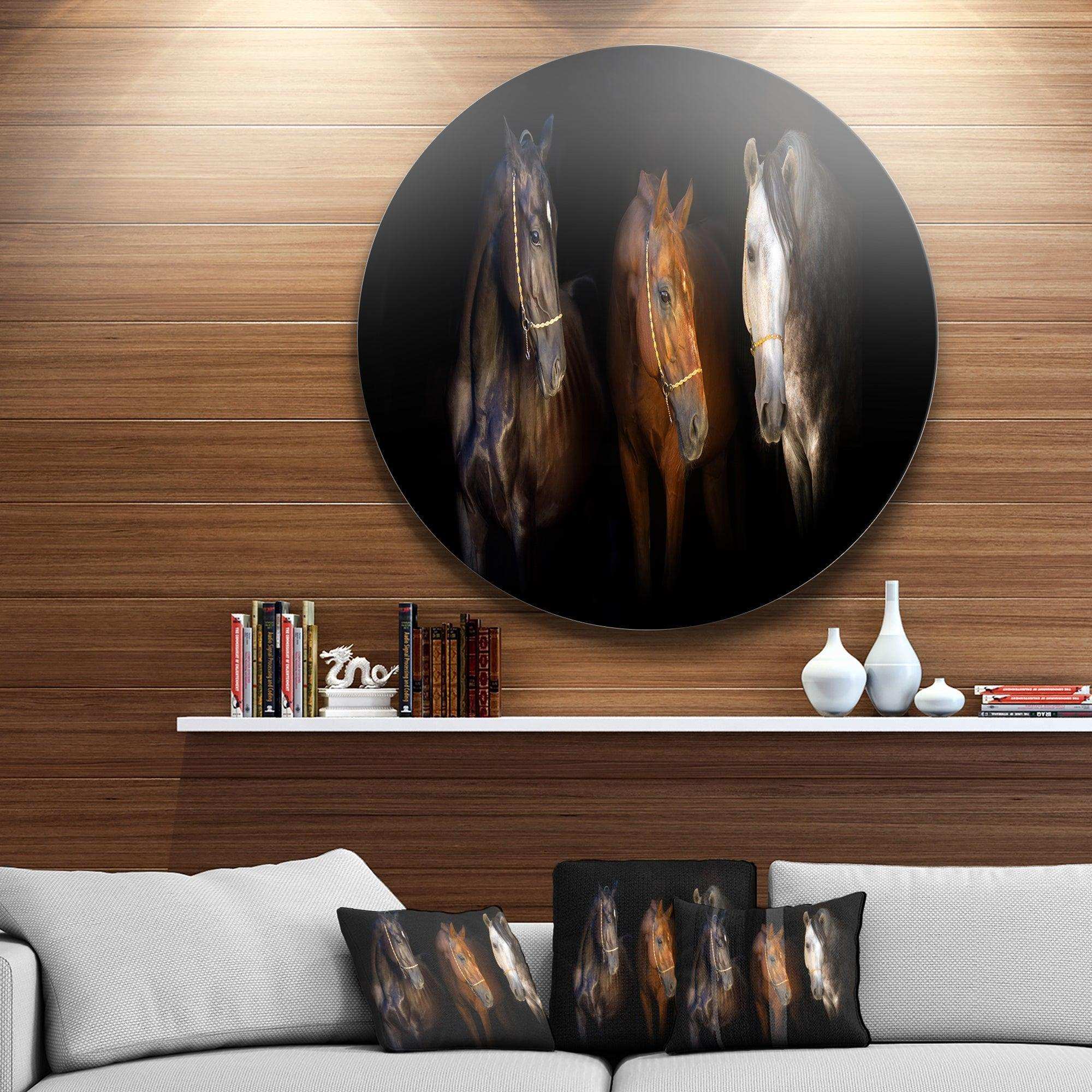 Three Horses with Golden Bridle - Animal Circle Metal Wall Decor